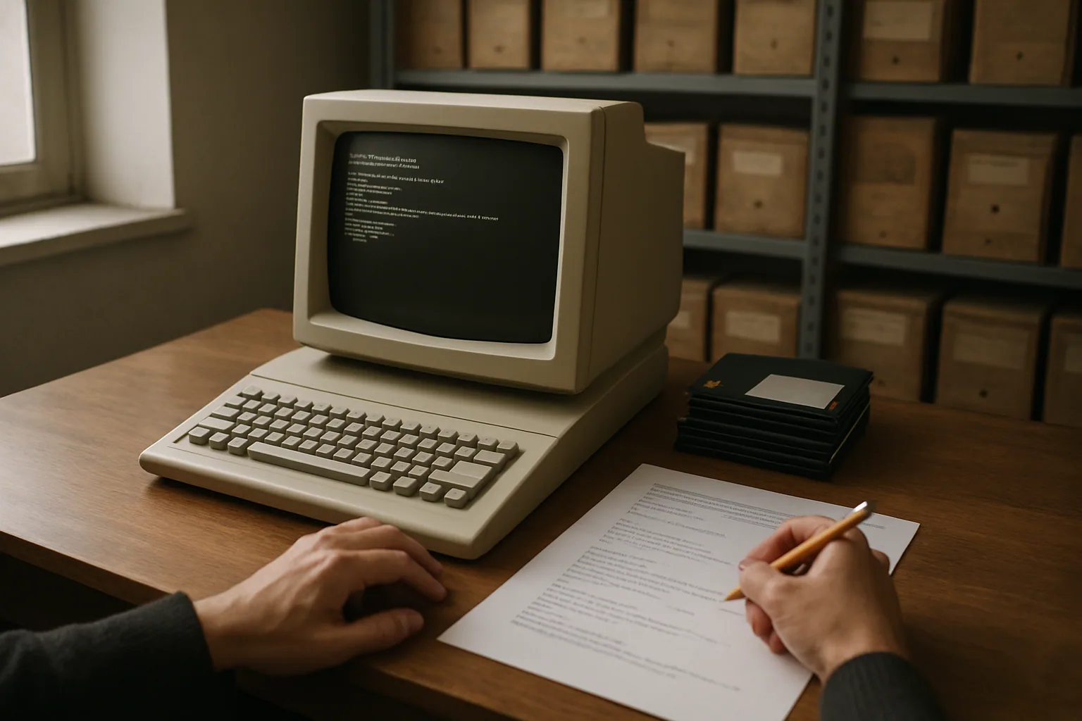 Una fotografía de archivo de una computadora personal antigua con monitor CRT mostrando una interfaz de texto de DOS en un escritorio de oficina.