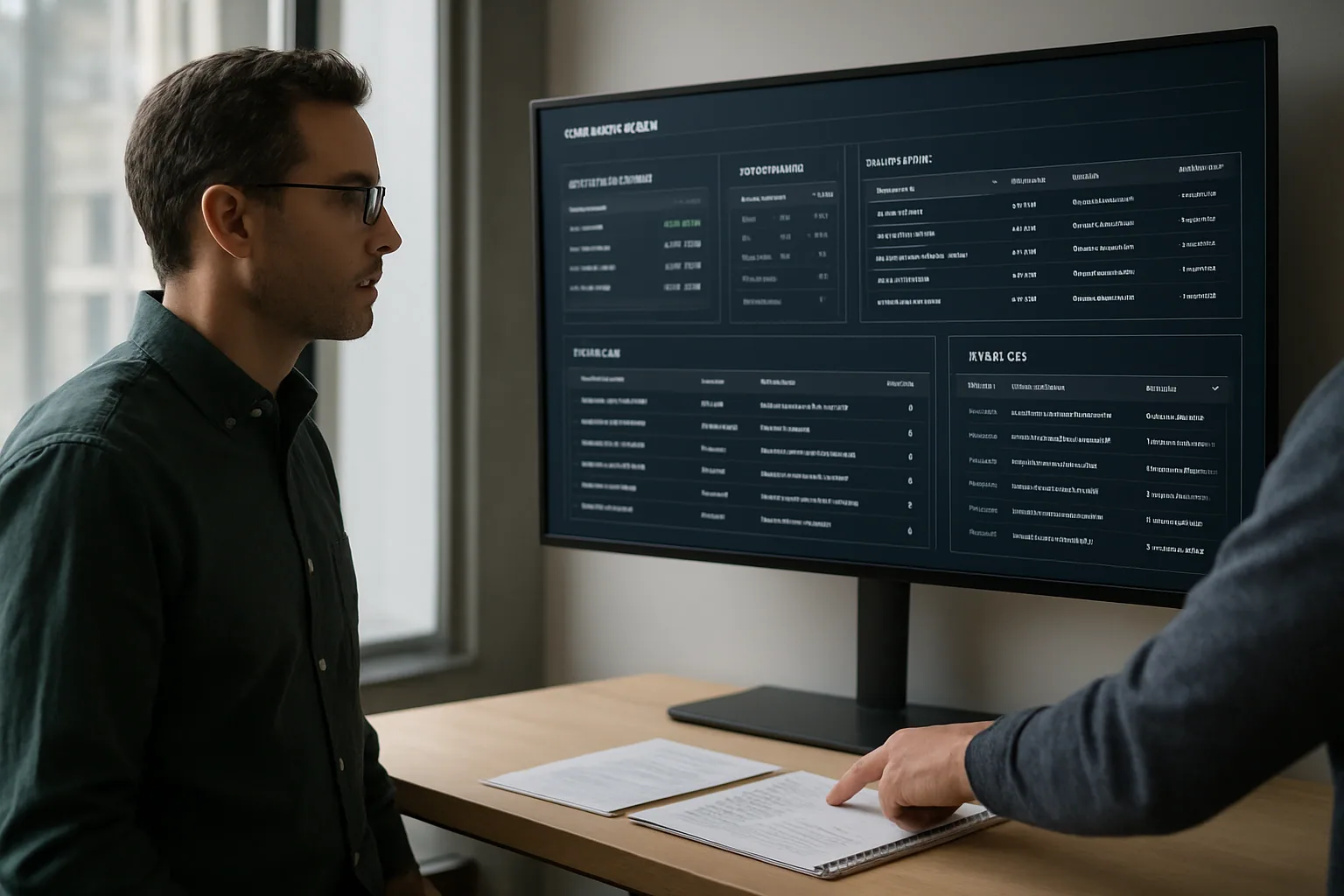 Una persona de producto revisa en una pantalla de control métricas y permisos de varios agentes de IA en una oficina moderna.