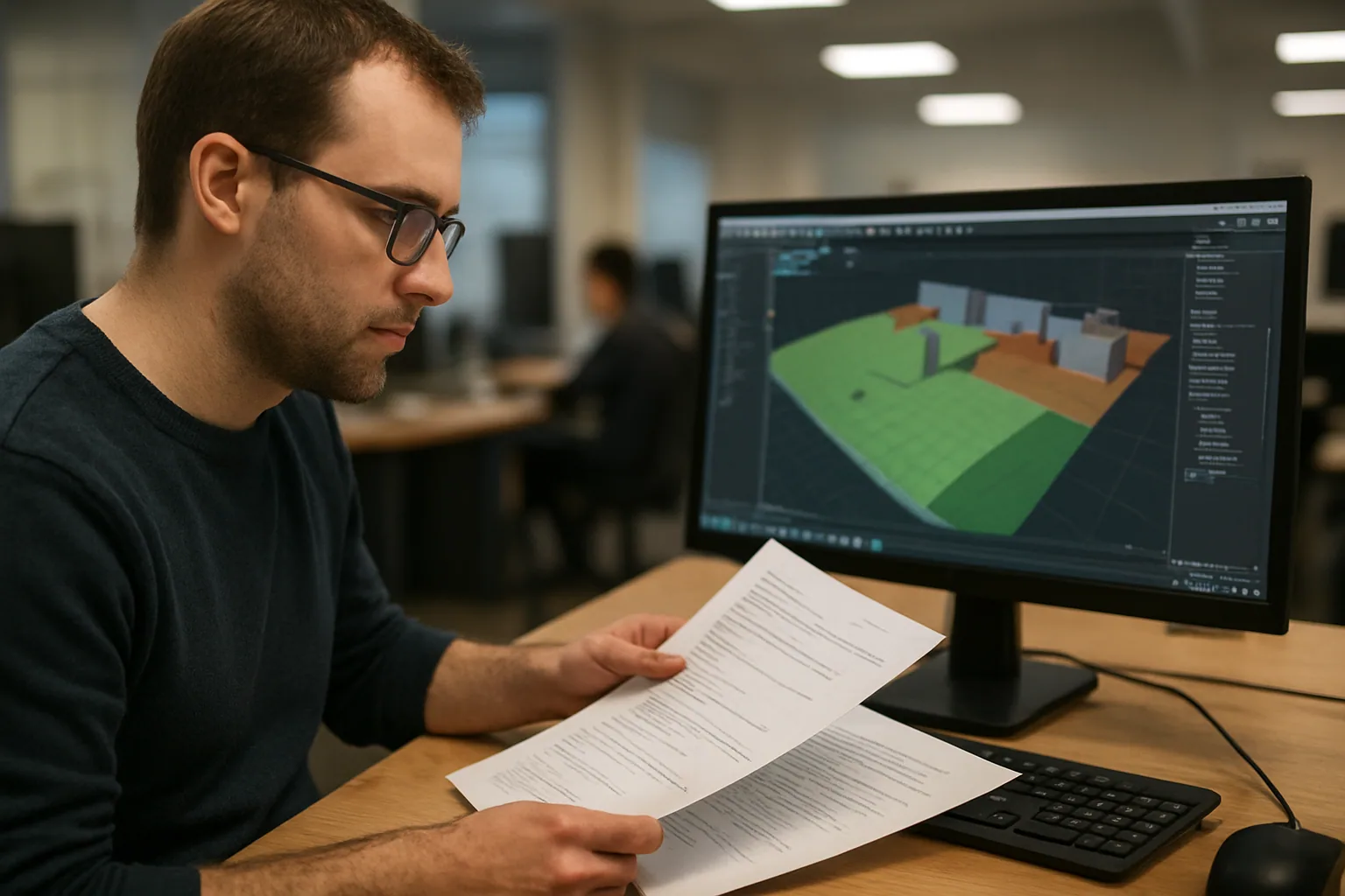 Un desarrollador revisa código y documentación técnica en una oficina de videojuegos mientras una pantalla muestra herramientas del motor idTech.