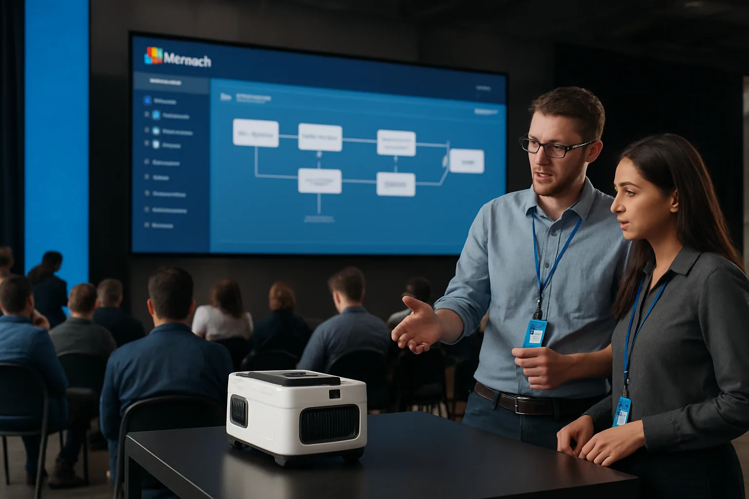 Una sala de conferencia con una pantalla grande mostrando una demostración de IA de Microsoft y un dispositivo autónomo sobre una mesa frente a asistentes.