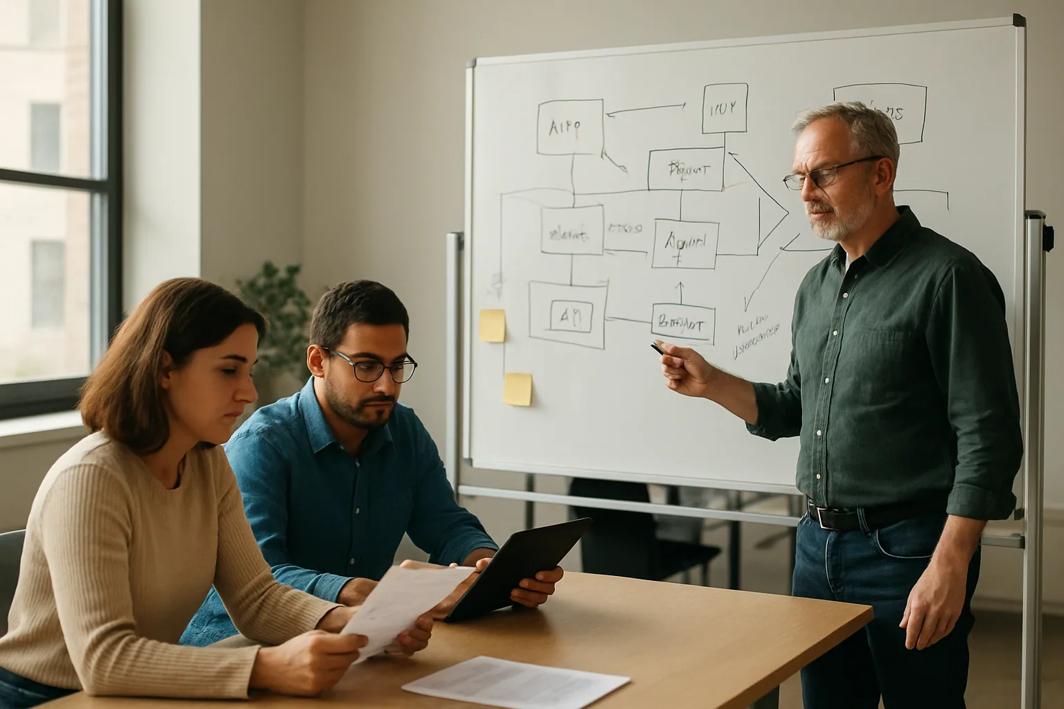 Un equipo de desarrollo revisa una arquitectura de agentes en una pizarra mientras una persona muestra diagramas de flujo y módulos de software en una sala de reuniones.