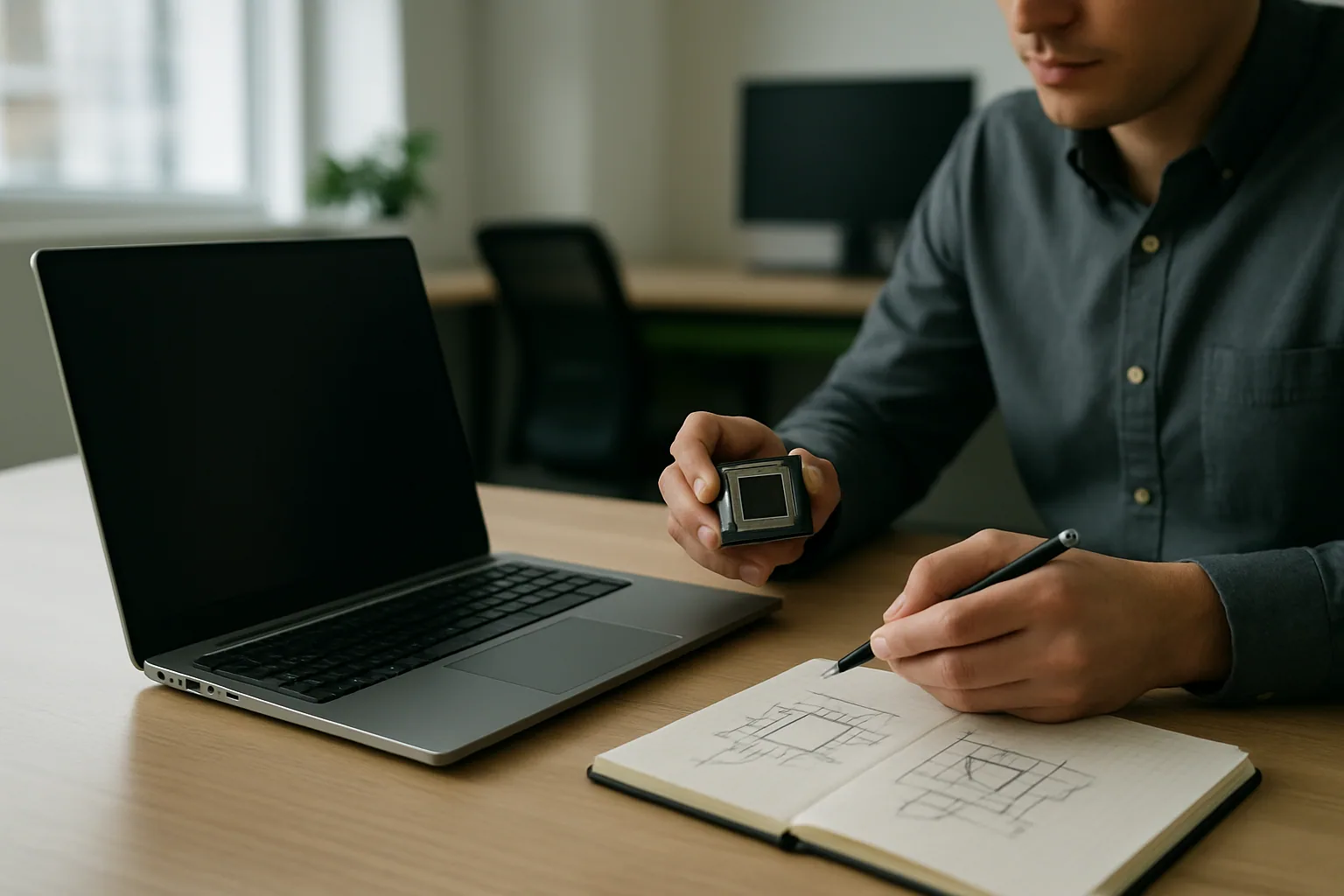 Una laptop Microsoft Surface sobre una mesa de oficina moderna, junto a una persona trabajando con varios monitores y gráficos de IA en segundo plano.