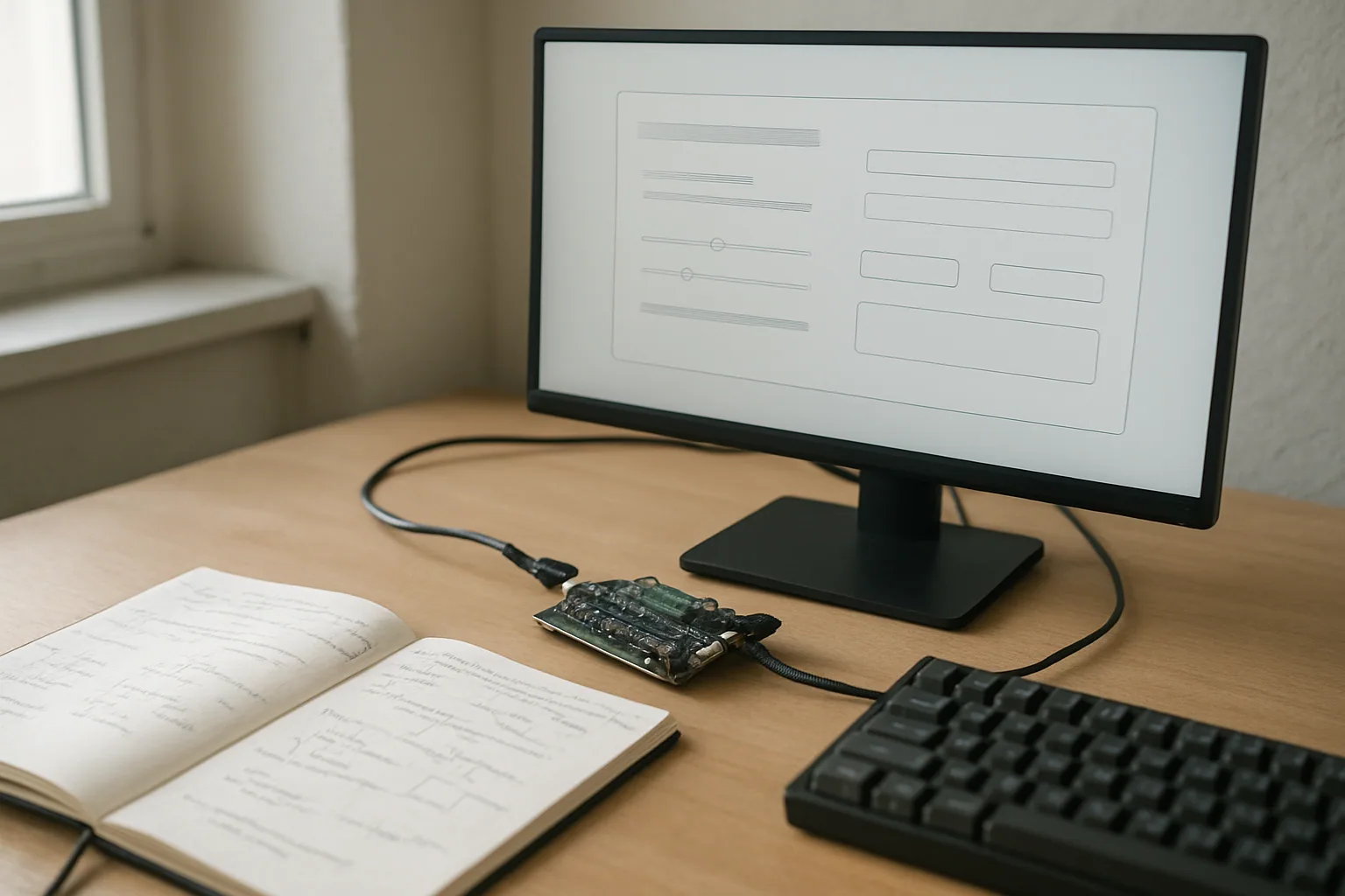 Un escritorio de trabajo con una placa electrónica, un monitor mostrando una interfaz simple de controles y un cuaderno con notas técnicas al lado.