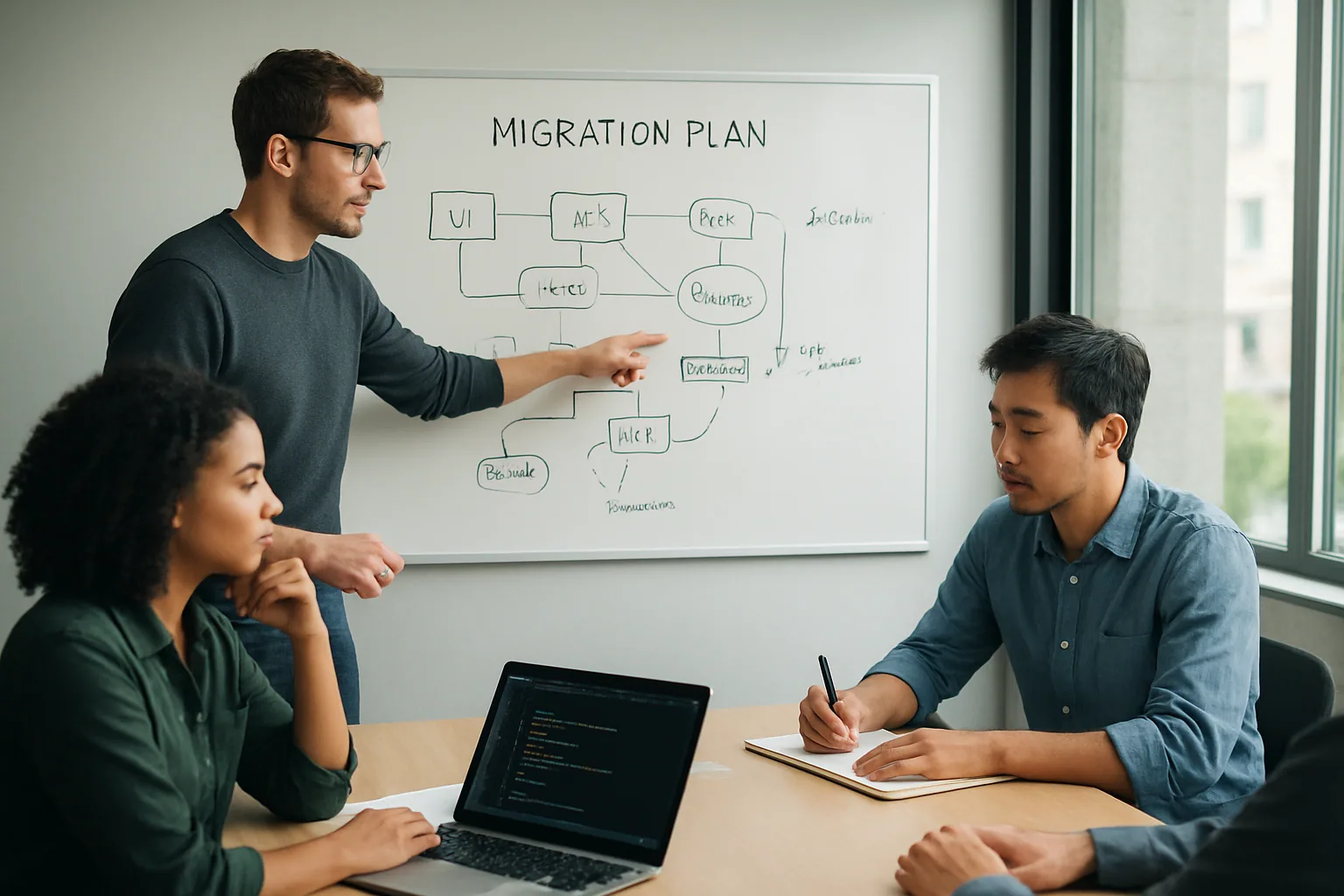 Un equipo de ingeniería revisa una arquitectura de software en una sala de reuniones, con pizarras llenas de diagramas y una laptop abierta mostrando código.