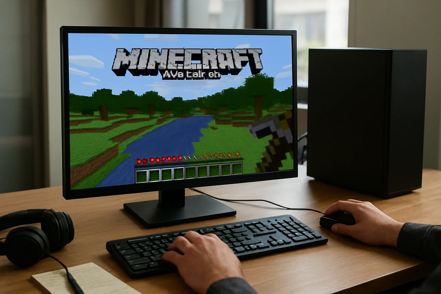Una pantalla de Minecraft Java Edition abierta en una PC de escritorio mientras una mano usa teclado y mouse en un escritorio real.