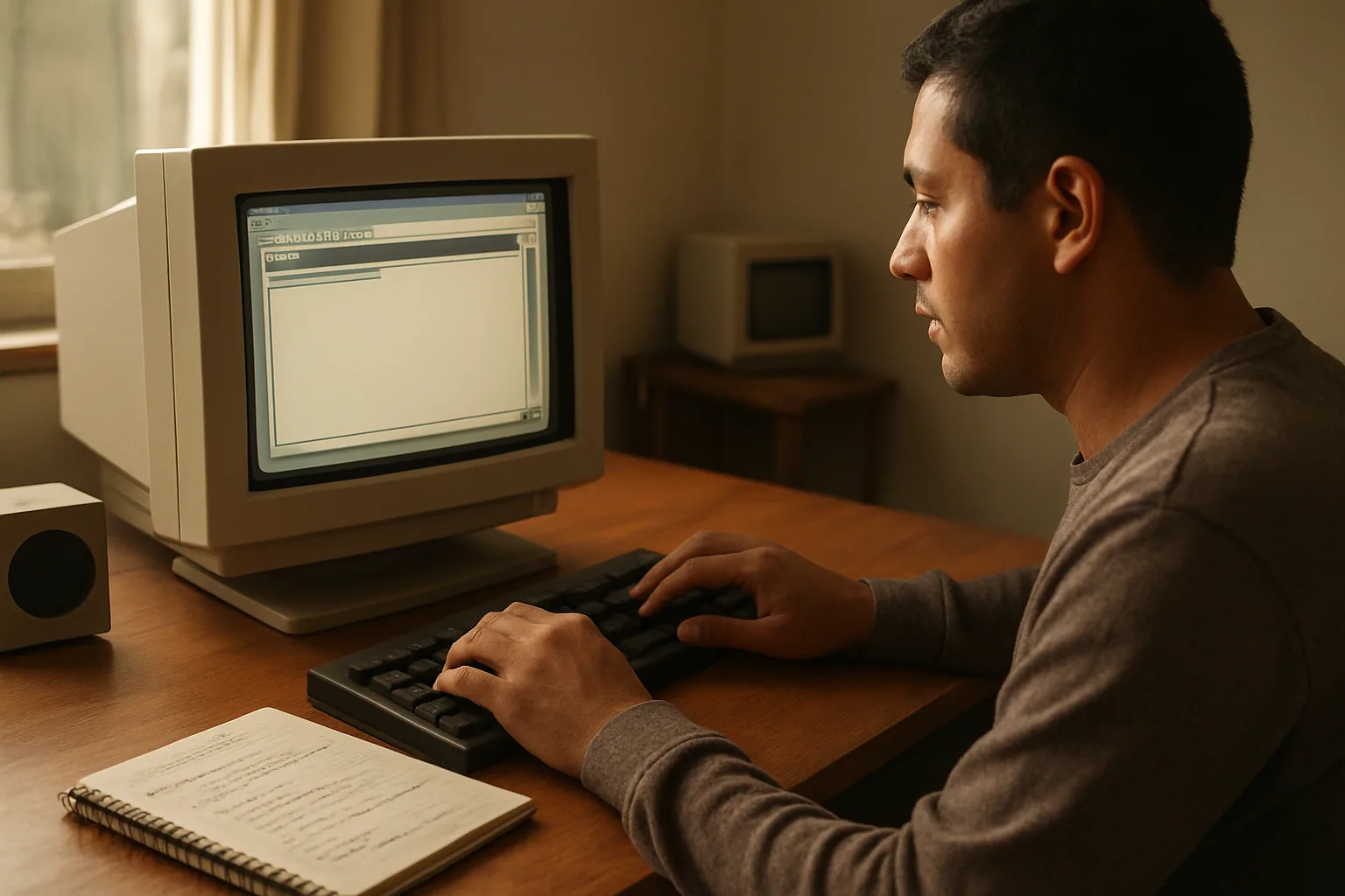 Una persona usando un navegador en una computadora de escritorio mientras explora un entorno de microcomputadora retro con una ventana de código y una pantalla tipo terminal.