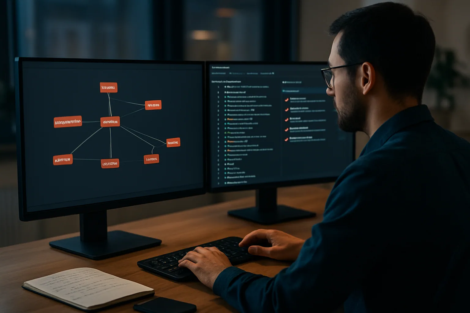 Una persona revisa alertas de seguridad en un monitor de escritorio mientras en otra pantalla se ve un panel de CI/CD con varios paquetes npm marcados como comprometidos.