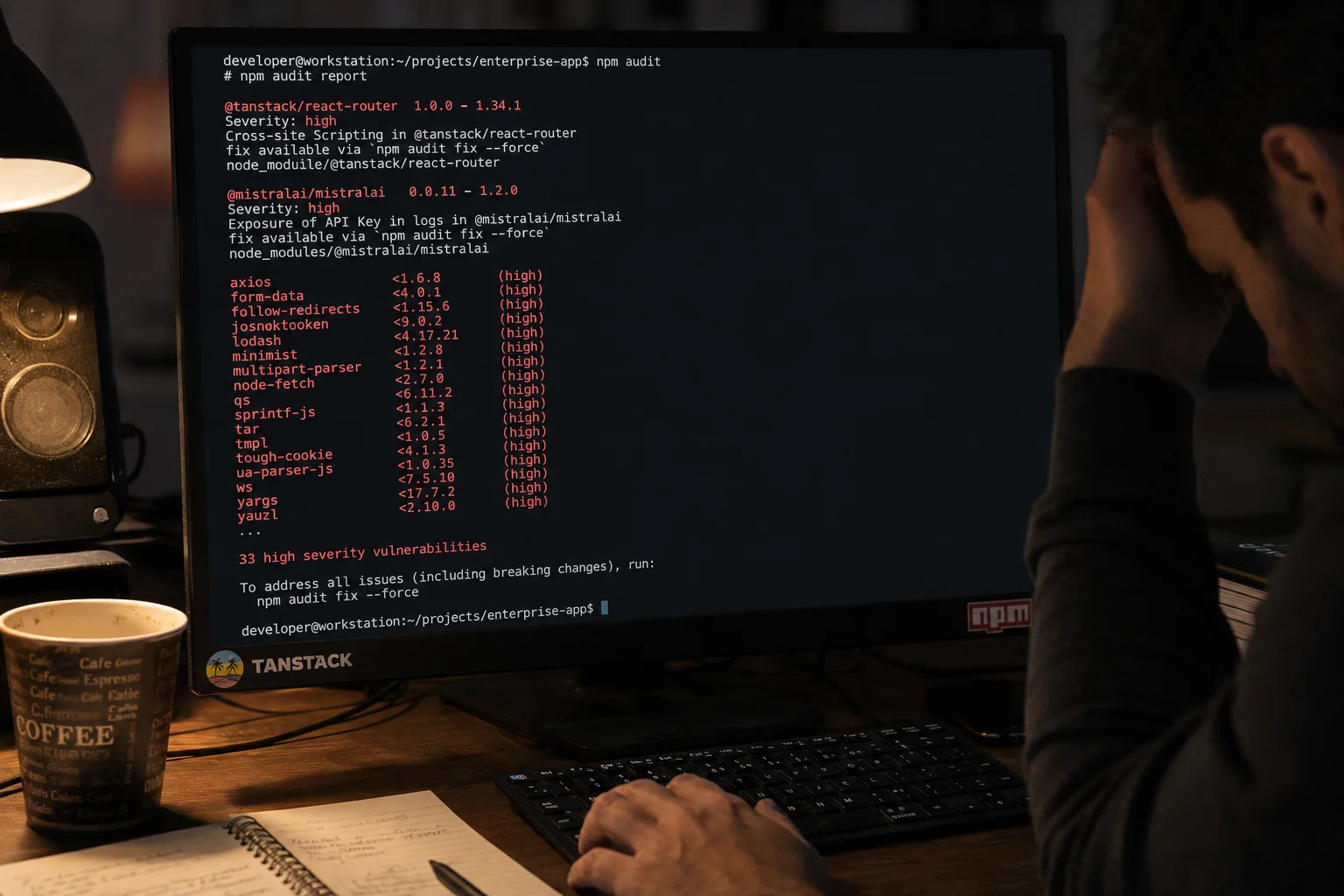 Terminal mostrando npm audit con cientos de paquetes maliciosos detectados tras el ataque Mini Shai-Hulud
