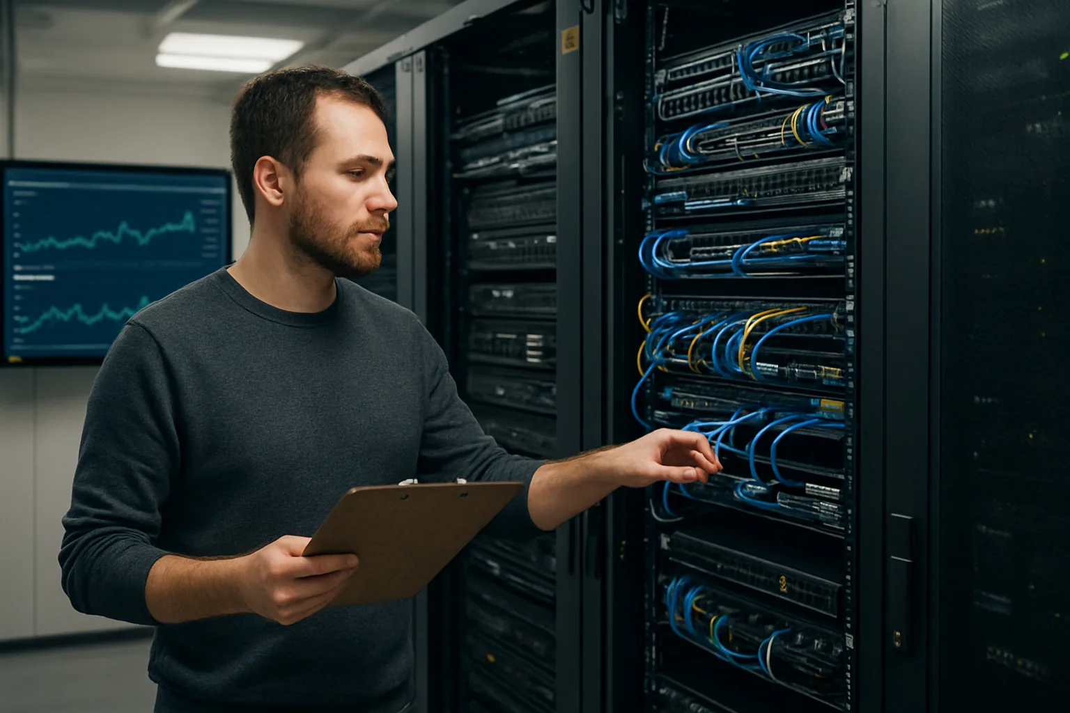 Un ingeniero revisa métricas de compresión y tráfico en una sala de servidores con racks y pantallas de monitoreo.