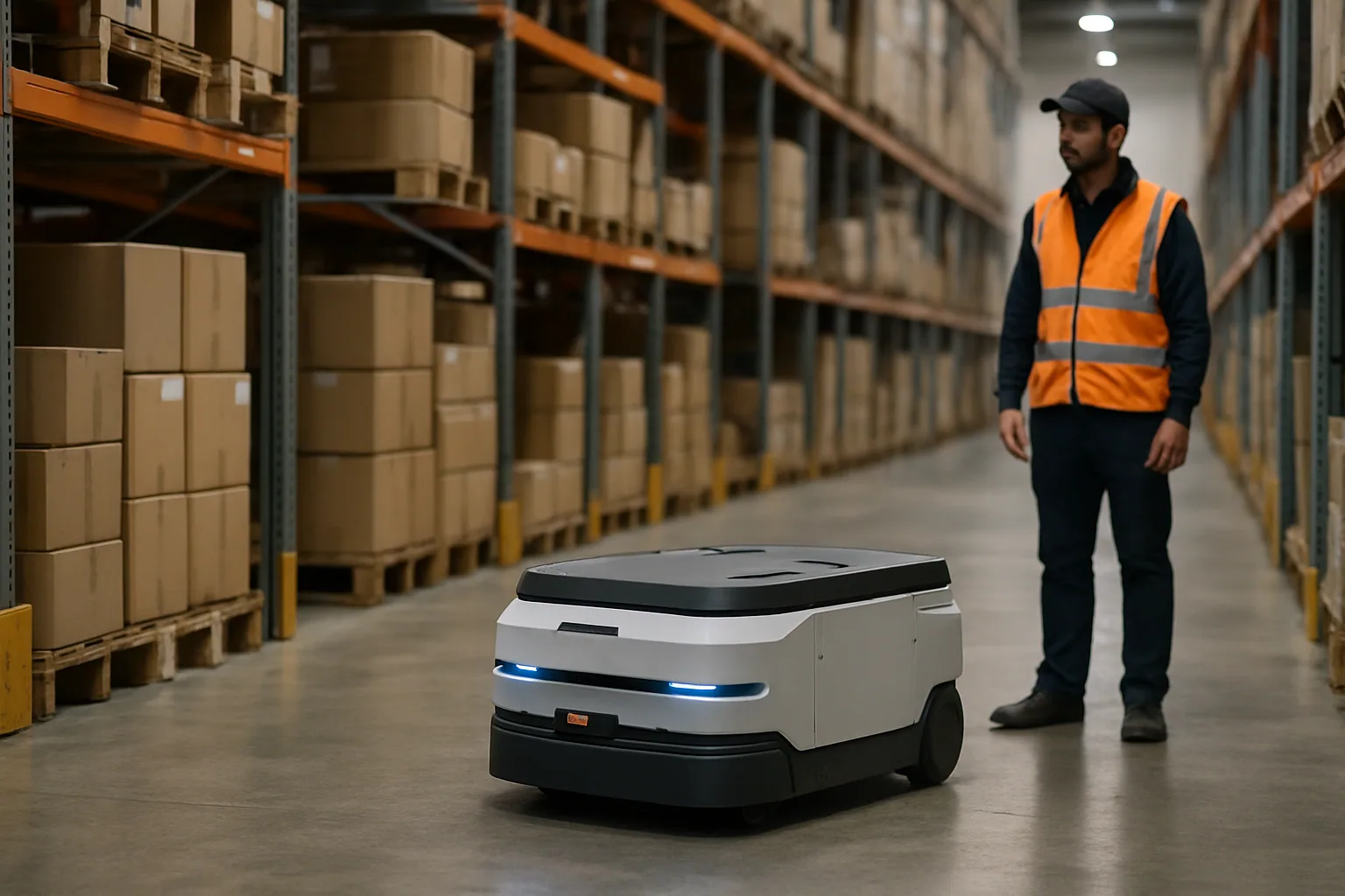 Un robot móvil industrial avanza por un almacén con estanterías altas y cajas, mientras un técnico observa la operación desde un pasillo.