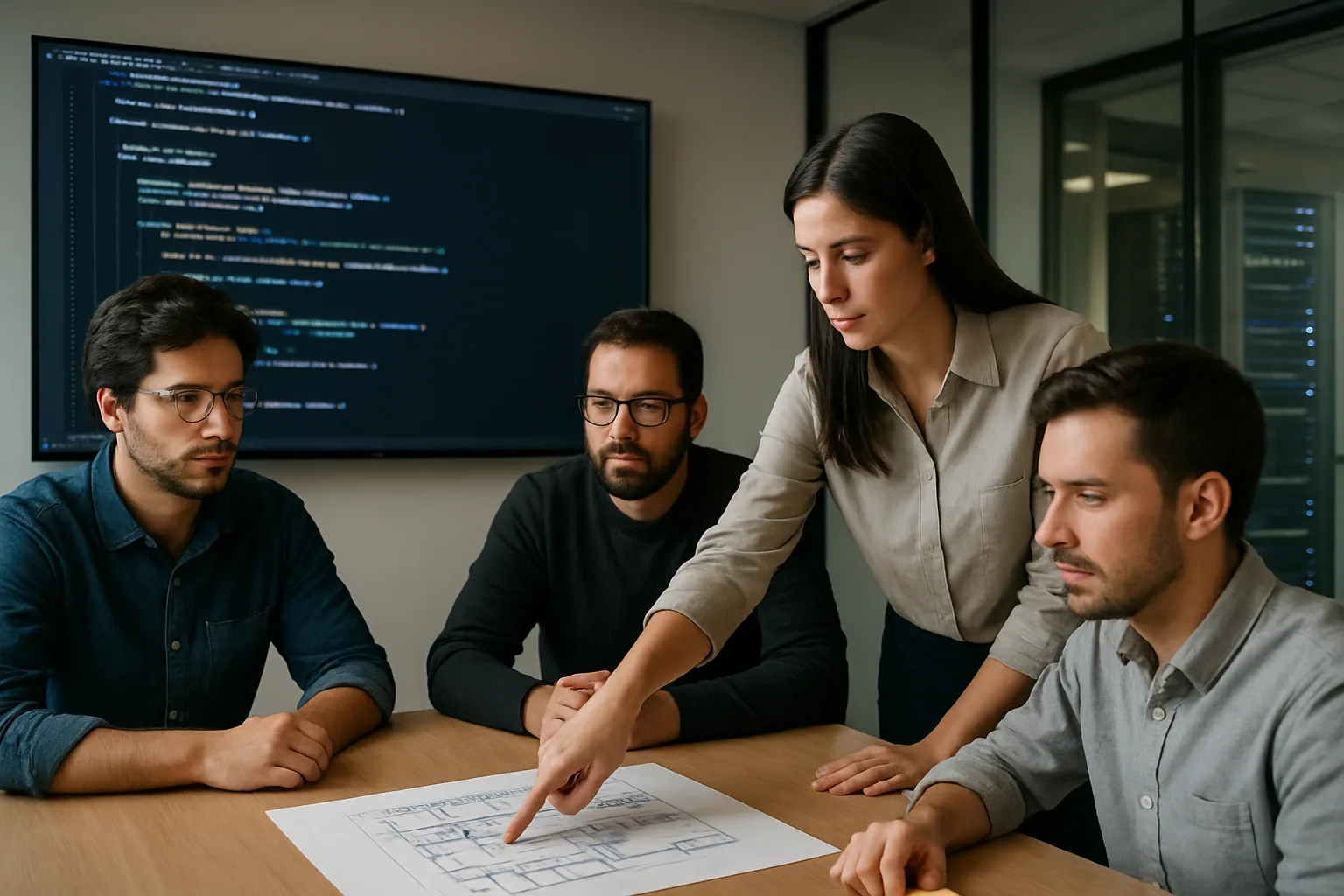 Un equipo de desarrollo revisa código en una sala de reuniones mientras una pantalla muestra una interfaz de asistente de programación corporativo.