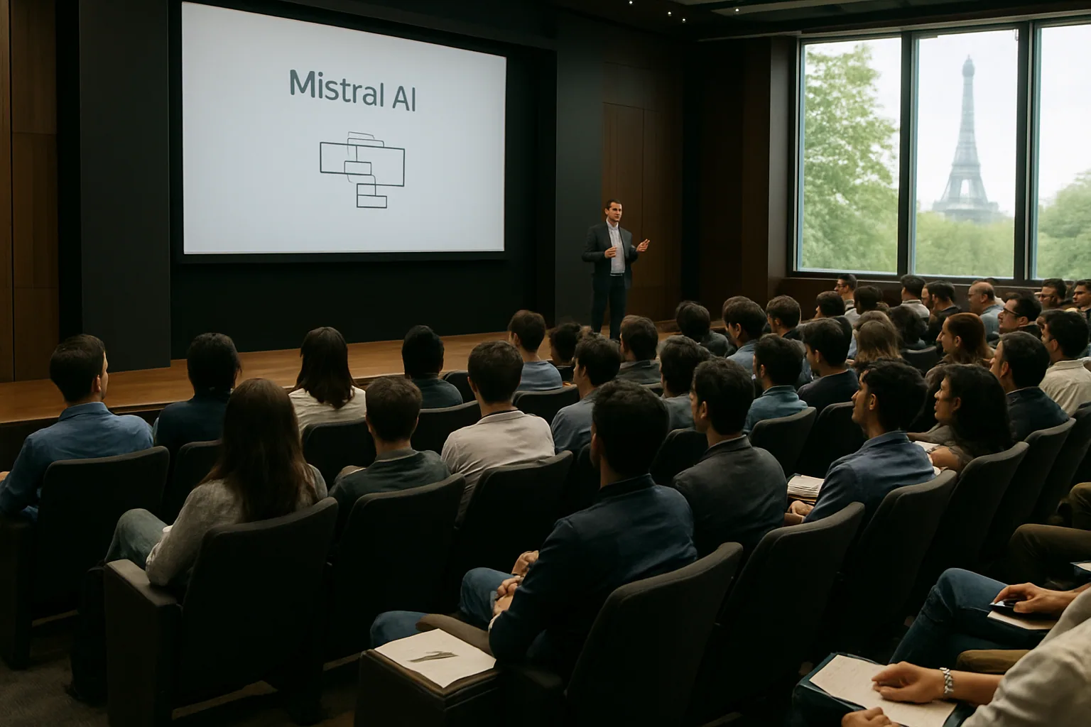 Una sala de conferencias en París con asistentes tomando notas frente a una pantalla donde se presenta Mistral AI.