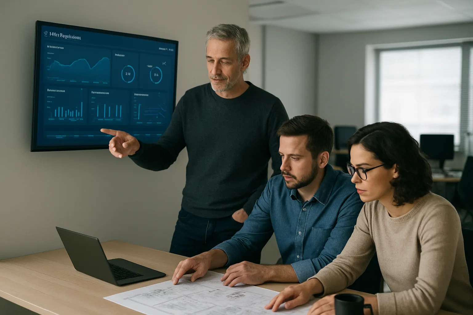 Un equipo de desarrollo revisa una consola de agentes de código en una oficina moderna mientras una ingeniera observa métricas en una pantalla grande.