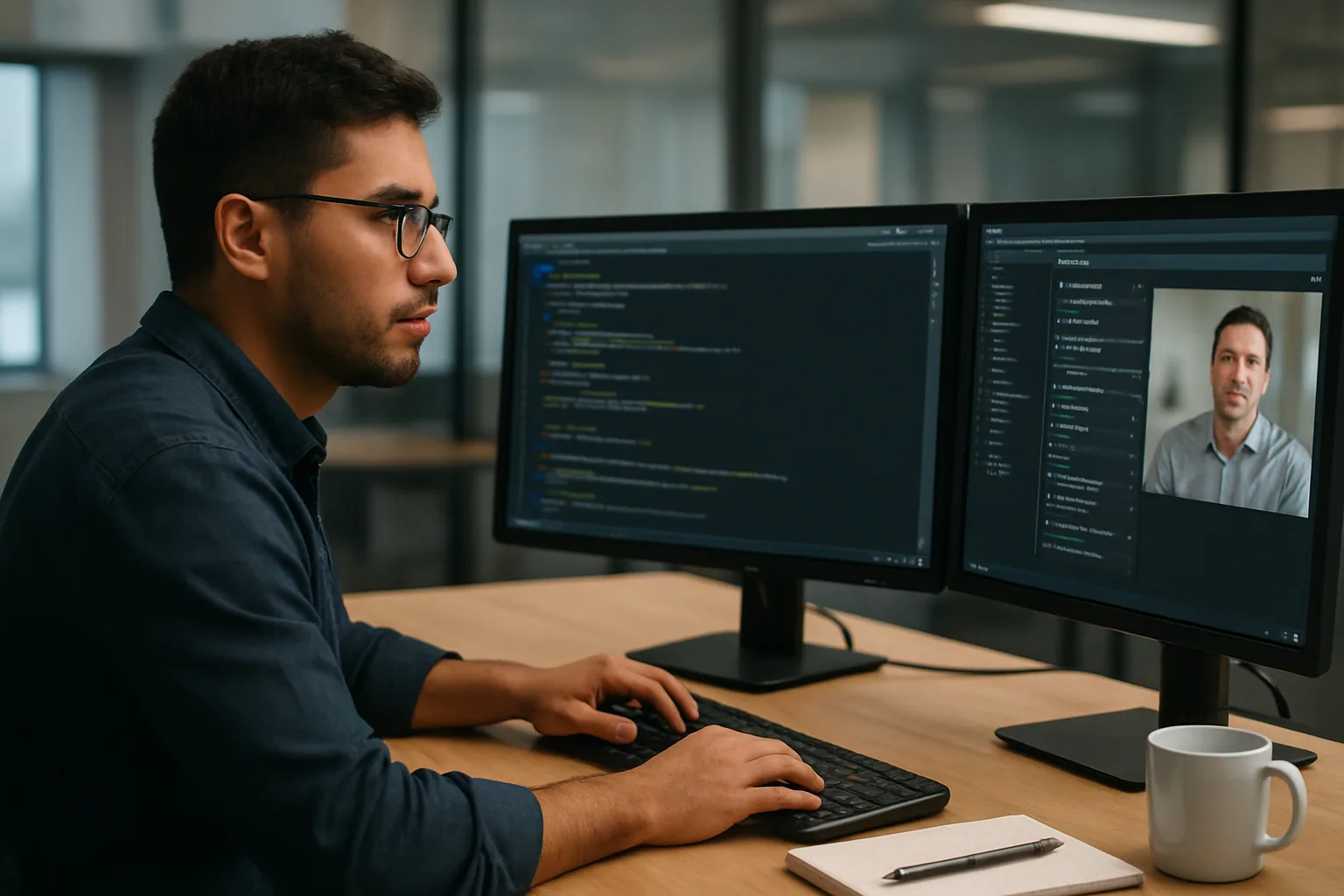 Una persona trabaja en un escritorio con dos monitores mostrando código y paneles de trabajo, mientras revisa un flujo de agentes de software en una oficina moderna.