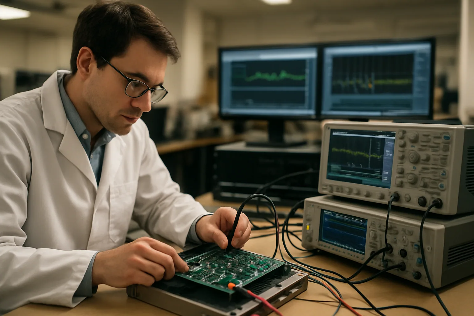 Un investigador en un laboratorio del MIT observa una placa electrónica conectada a instrumentos de medición mientras analiza el comportamiento de un chip.