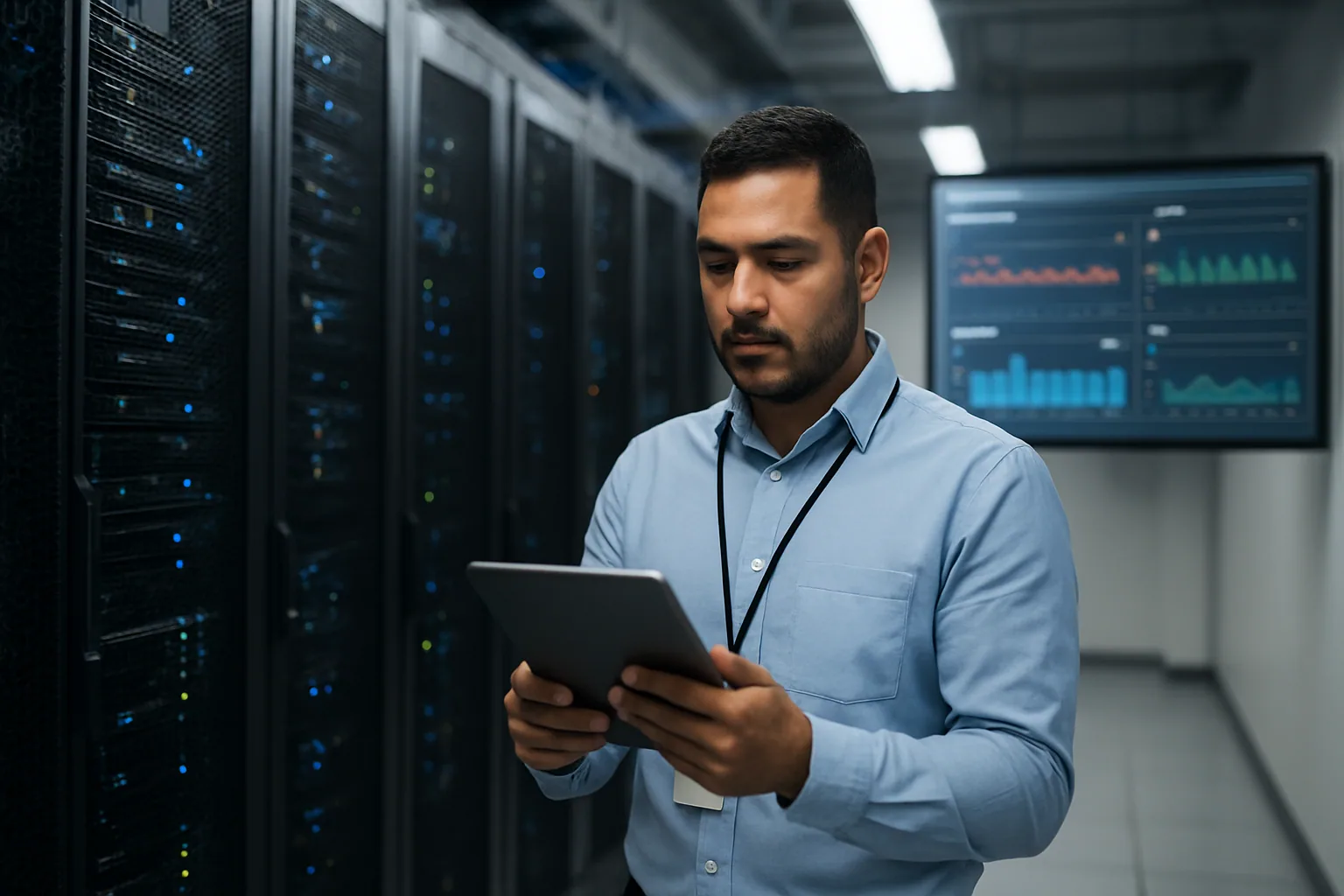 Un centro de datos con racks de servidores y un ingeniero observando paneles de monitoreo de inferencia de IA en una sala iluminada con luz fría.