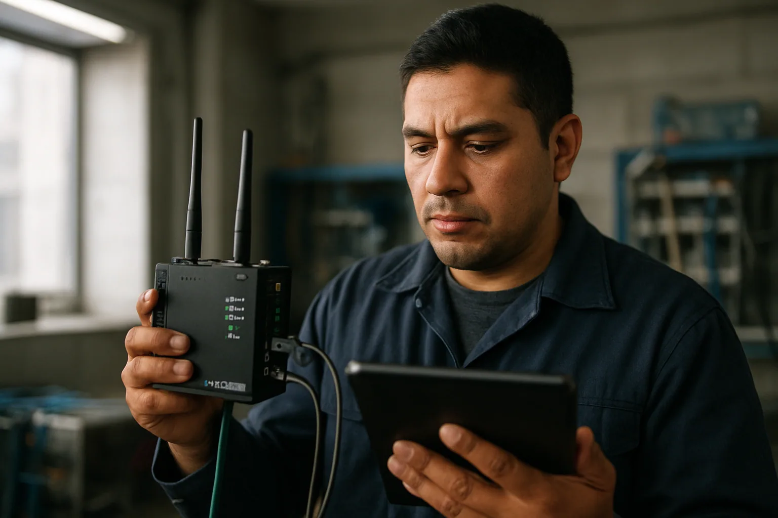 Un técnico revisa un gateway industrial en una planta mientras una tablet muestra datos de sensores, con conexión limitada en el fondo.