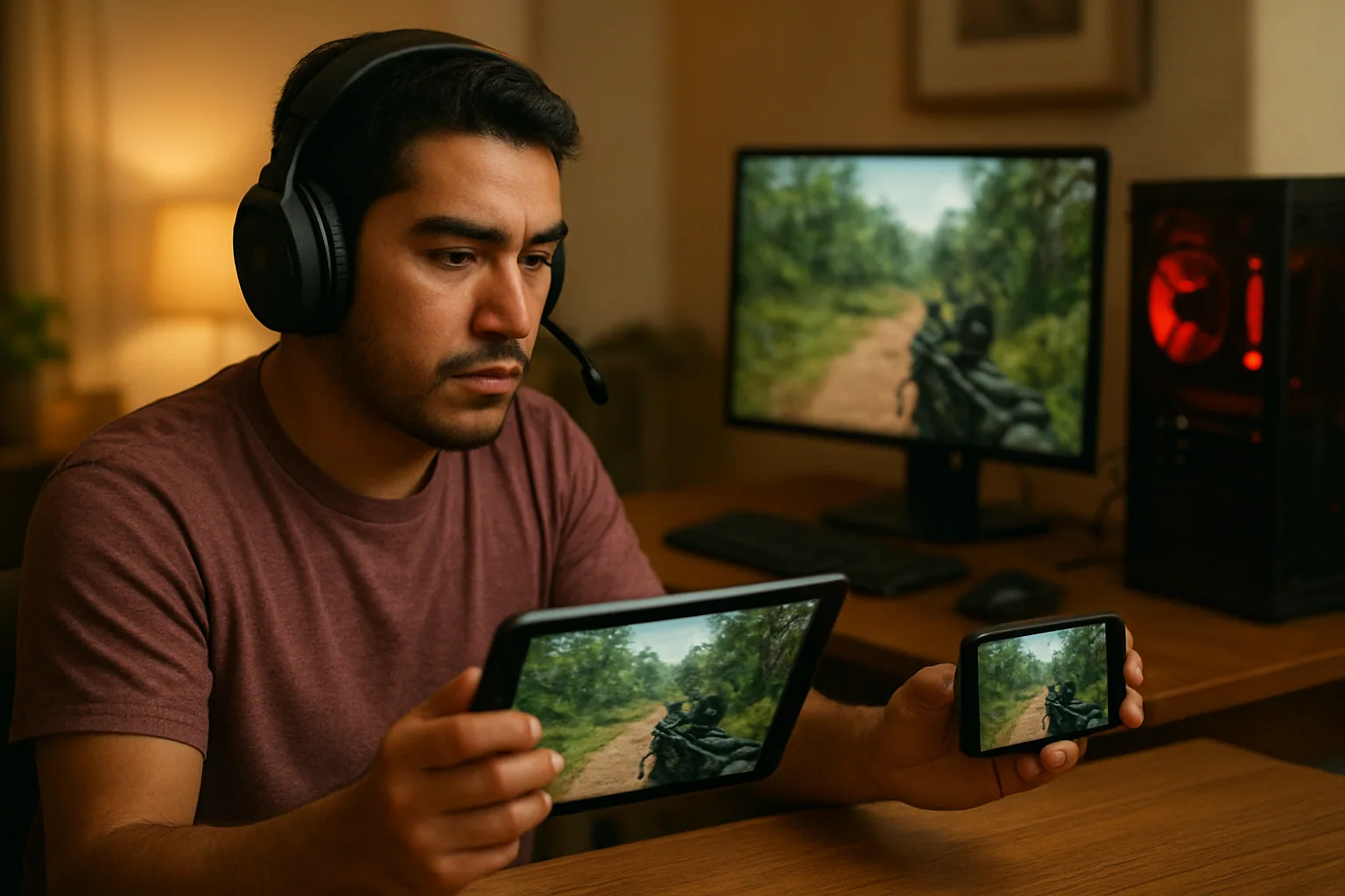 Un gamer usa un control inalámbrico frente a un monitor con un juego en PC mientras una tablet y un teléfono muestran la misma sesión de streaming en una mesa.