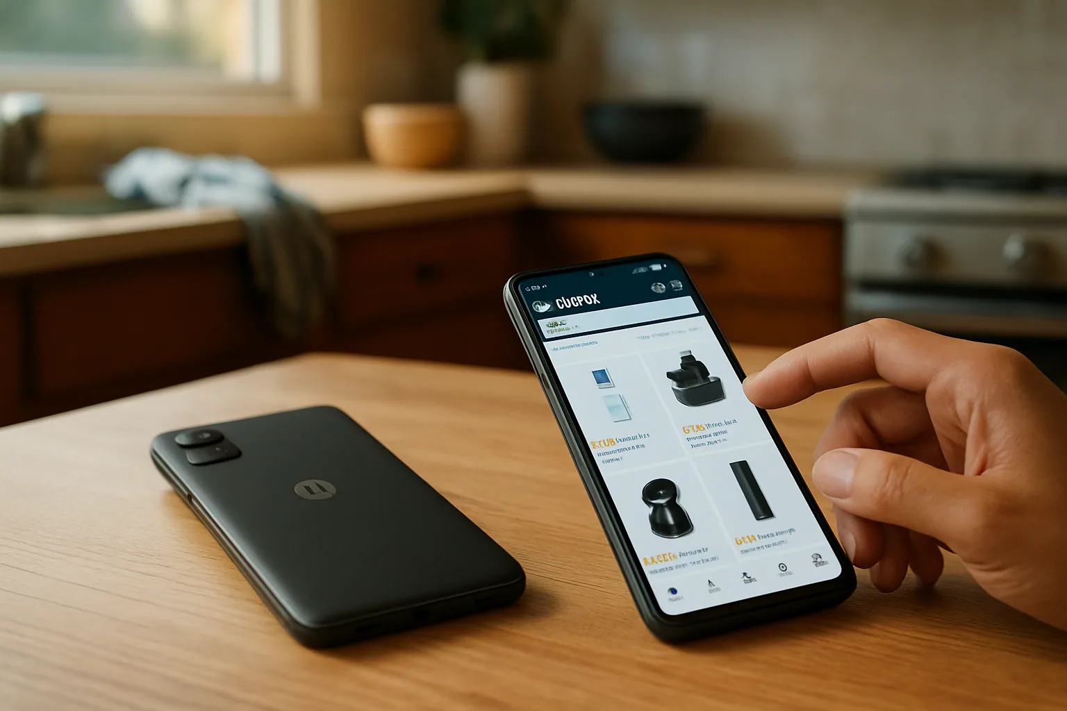 Un teléfono Motorola sobre una mesa junto a la app de Amazon abierta en pantalla, mostrando una compra interrumpida por una intervención del sistema.