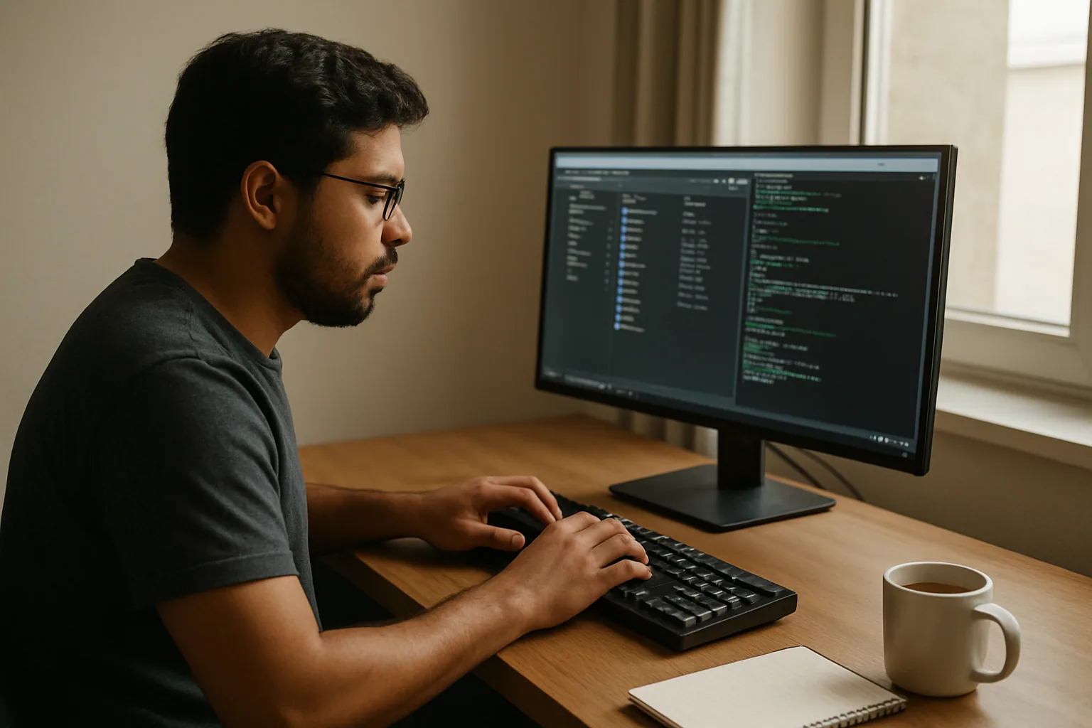 Persona trabajando frente a un monitor externo en una mesa ordenada, usando solo el teclado mientras el mouse queda a un lado.