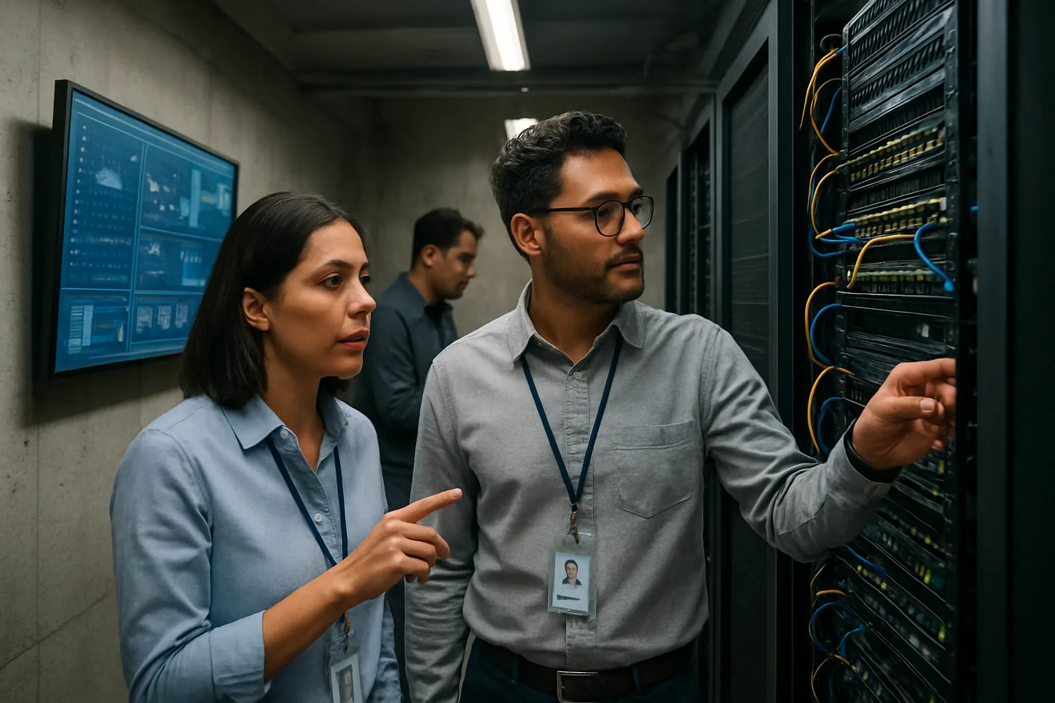 Un equipo de tecnología revisa un panel de monitoreo en una sala de servidores con racks encendidos y cableado ordenado.