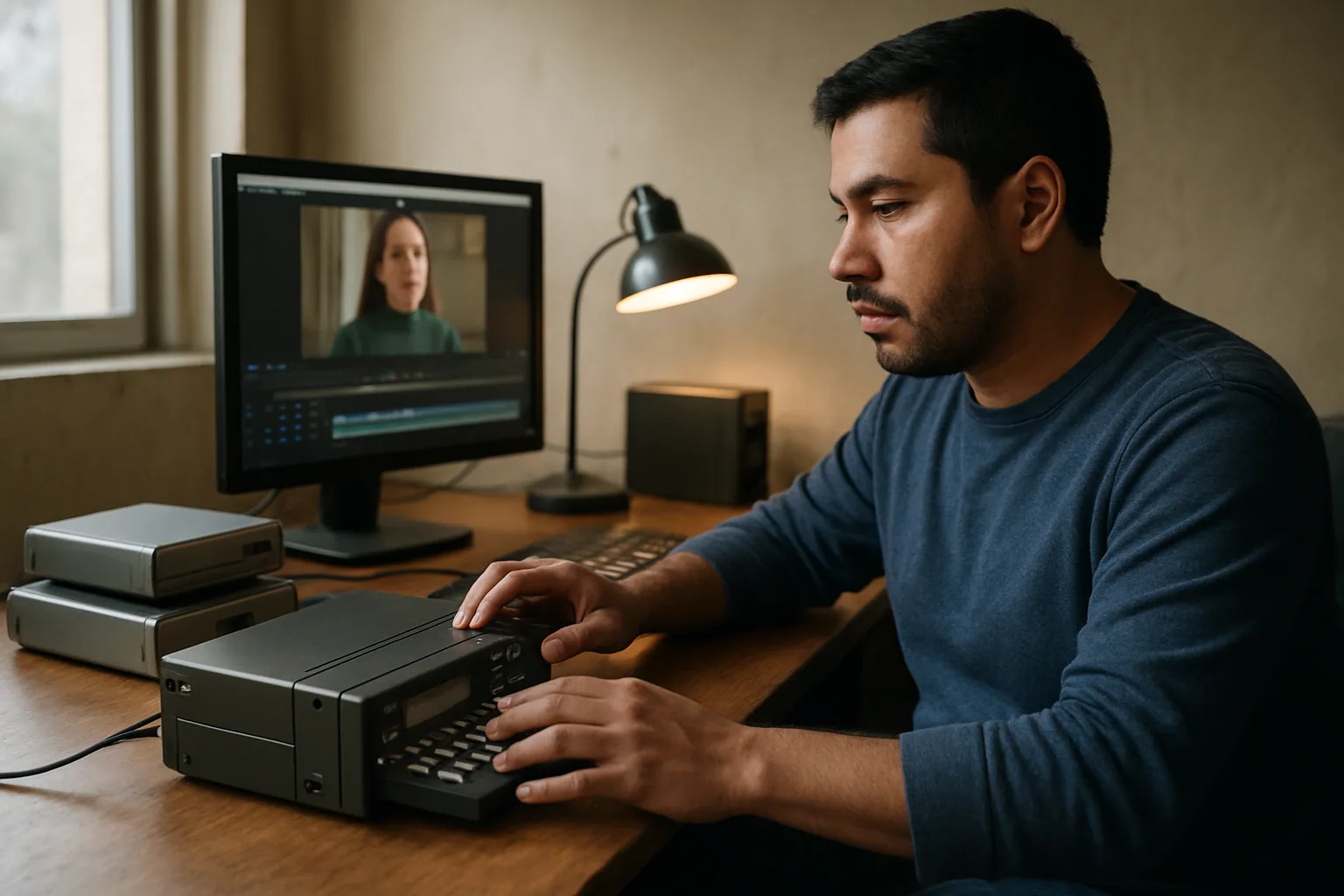 Una persona revisa un archivo de video en una oficina con monitores y discos duros, mientras una pantalla muestra una línea de tiempo de edición.