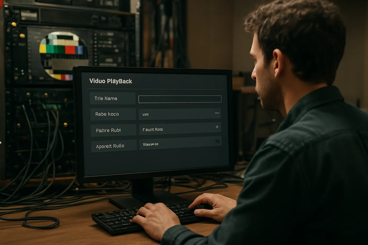 Una persona revisa ajustes de reproducción de video en un monitor de escritorio dentro de un laboratorio o estudio técnico, con equipos de captura y cables visibles al fondo.