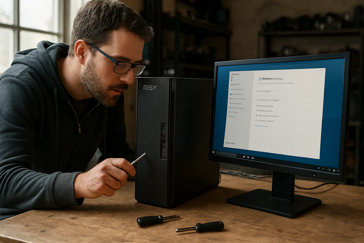 Un técnico revisa una PC MSI de escritorio en una mesa de trabajo con Windows abierto y herramientas de diagnóstico en pantalla.