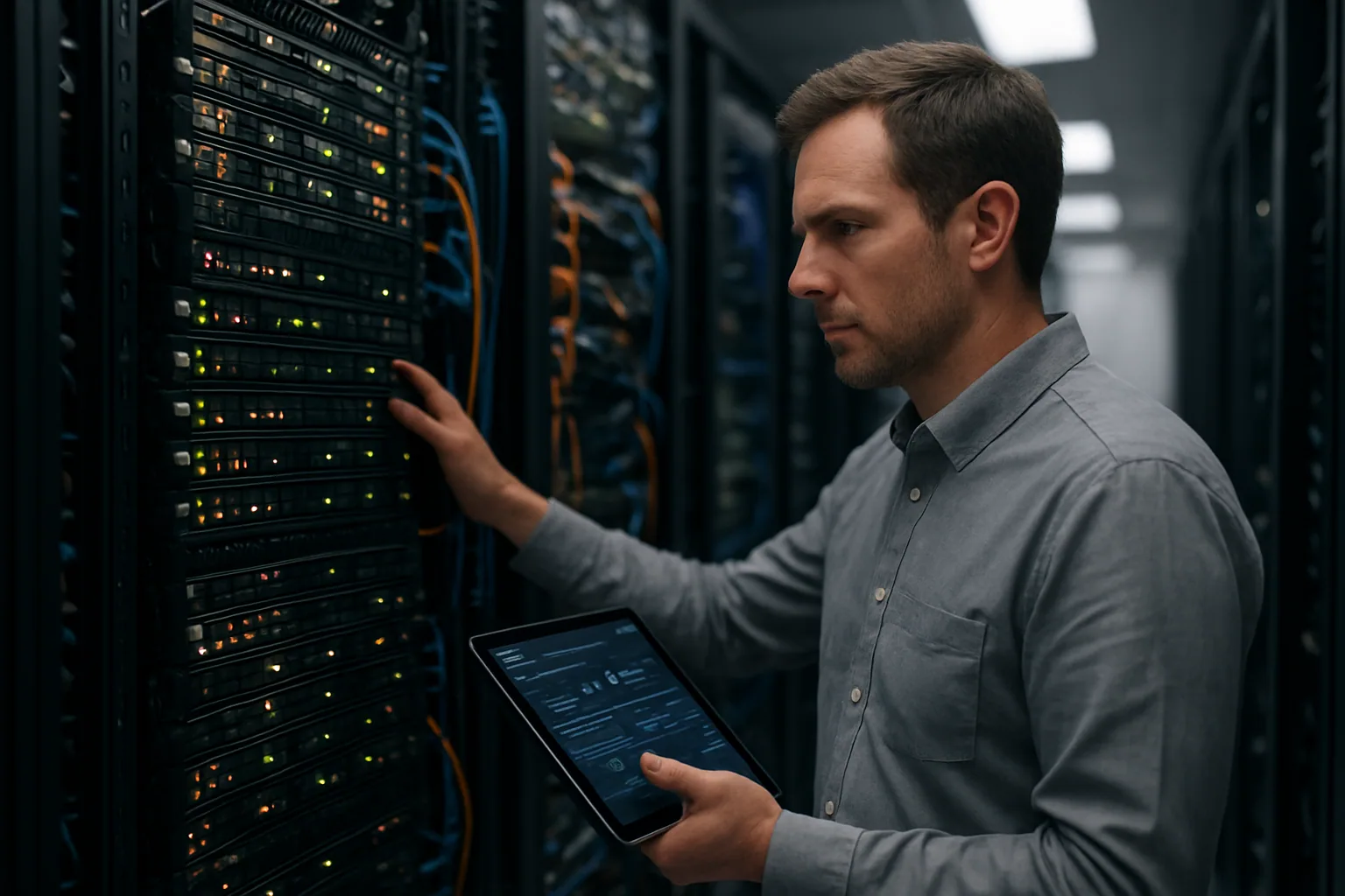 Un técnico revisa racks de servidores en un centro de datos mientras monitorea tráfico de red en una pantalla.