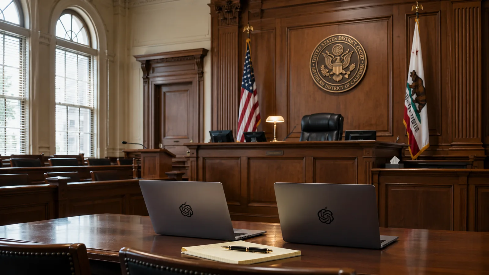 Sala de tribunal federal de Estados Unidos con bandera al fondo y mesas con laptops abiertas mostrando logos de OpenAI