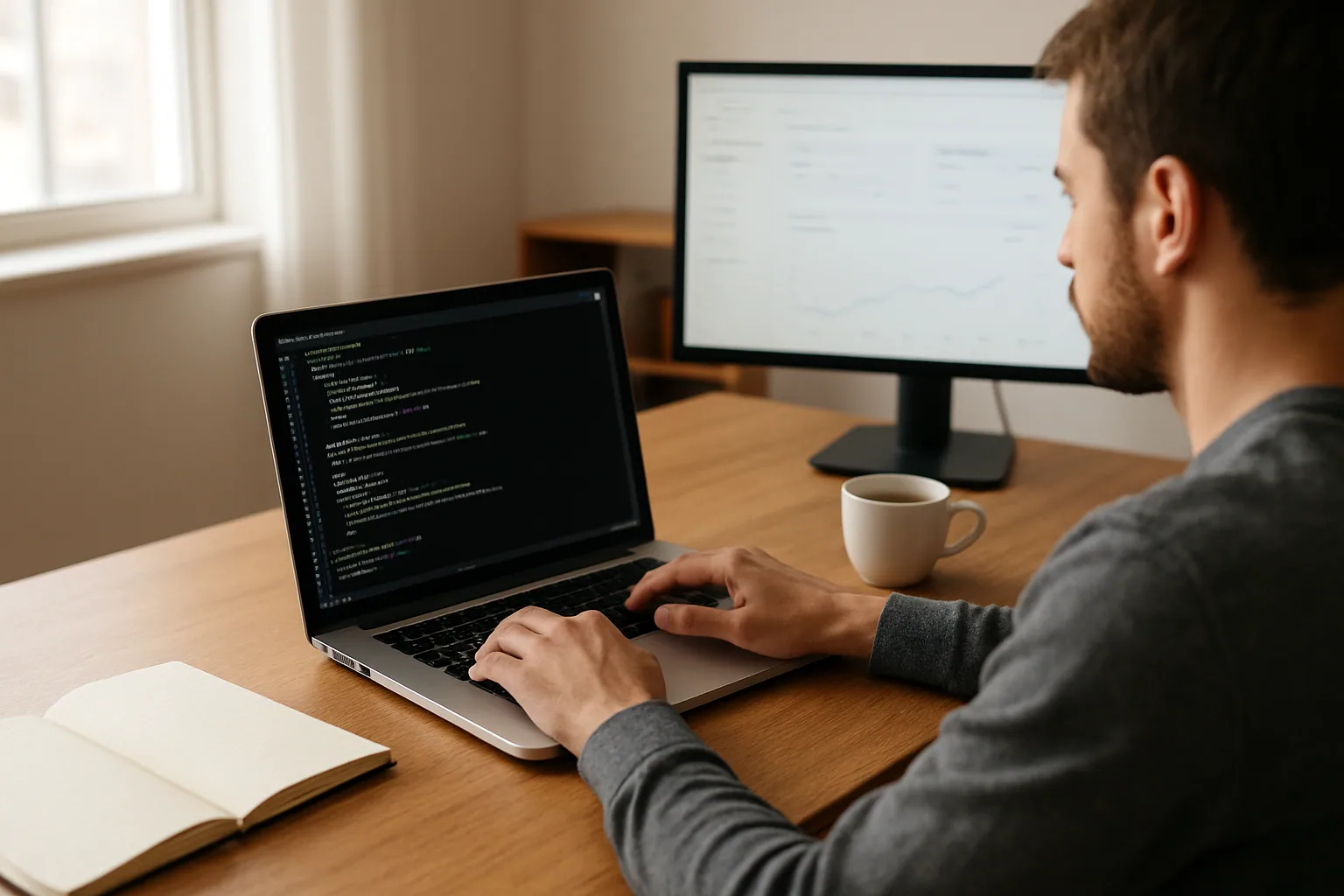 Una persona trabaja frente a una MacBook en un escritorio con terminal abierta, cuaderno y taza de café, en un entorno de oficina minimalista.