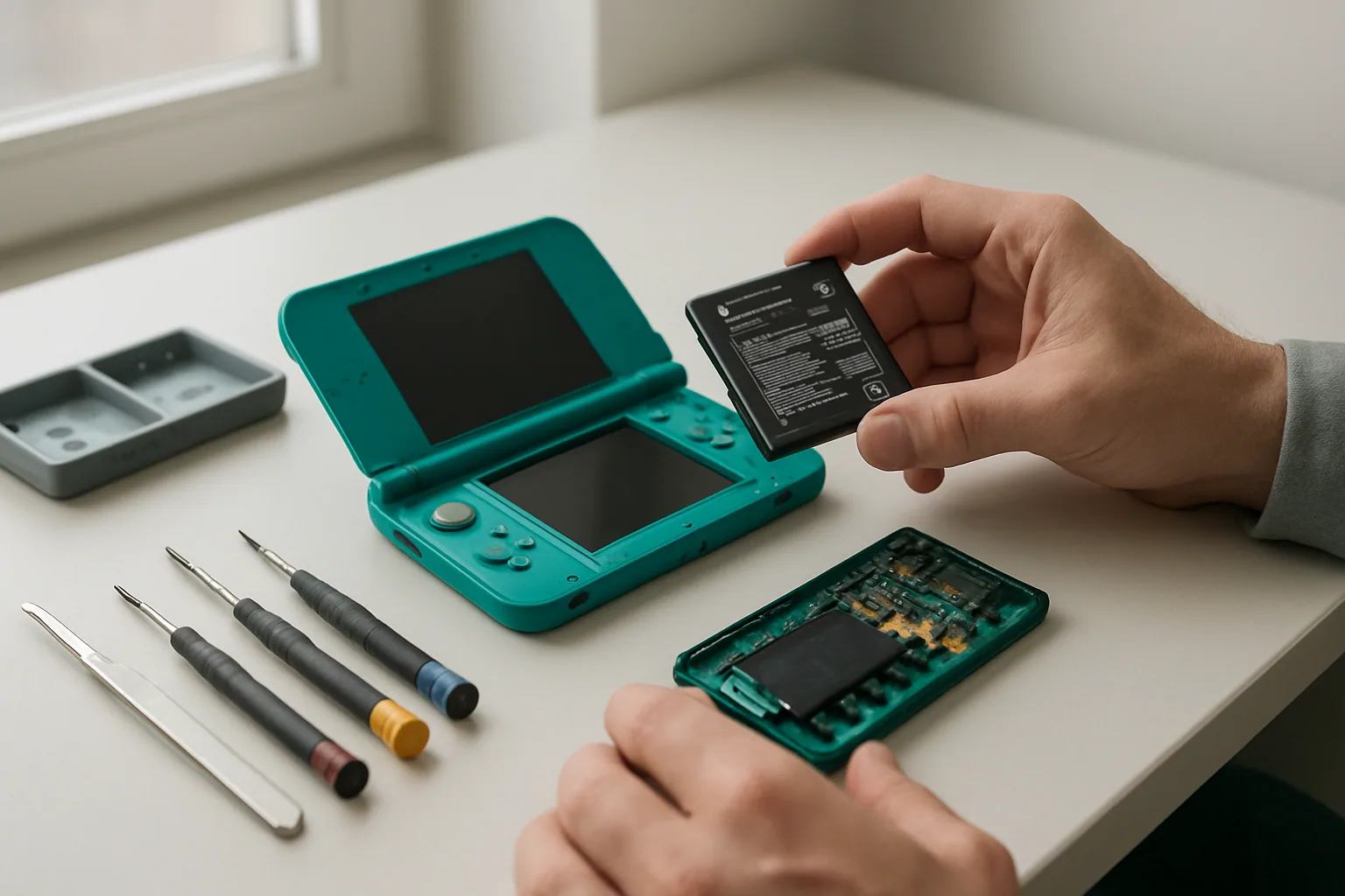 Una consola Nintendo y una batería extraíble sobre una mesa de trabajo, con herramientas de reparación y un técnico al fondo.