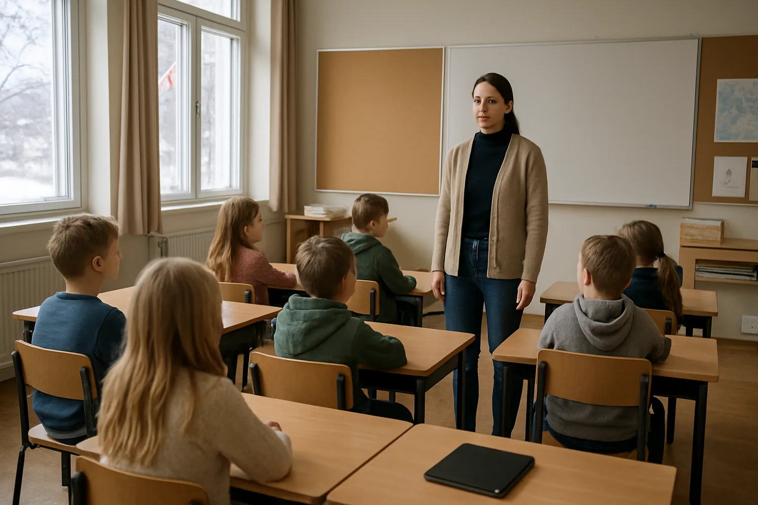 Una maestra habla con un grupo de niños en un salón de primaria mientras una tablet queda sobre un pupitre al fondo, en una escuela luminosa de Noruega.