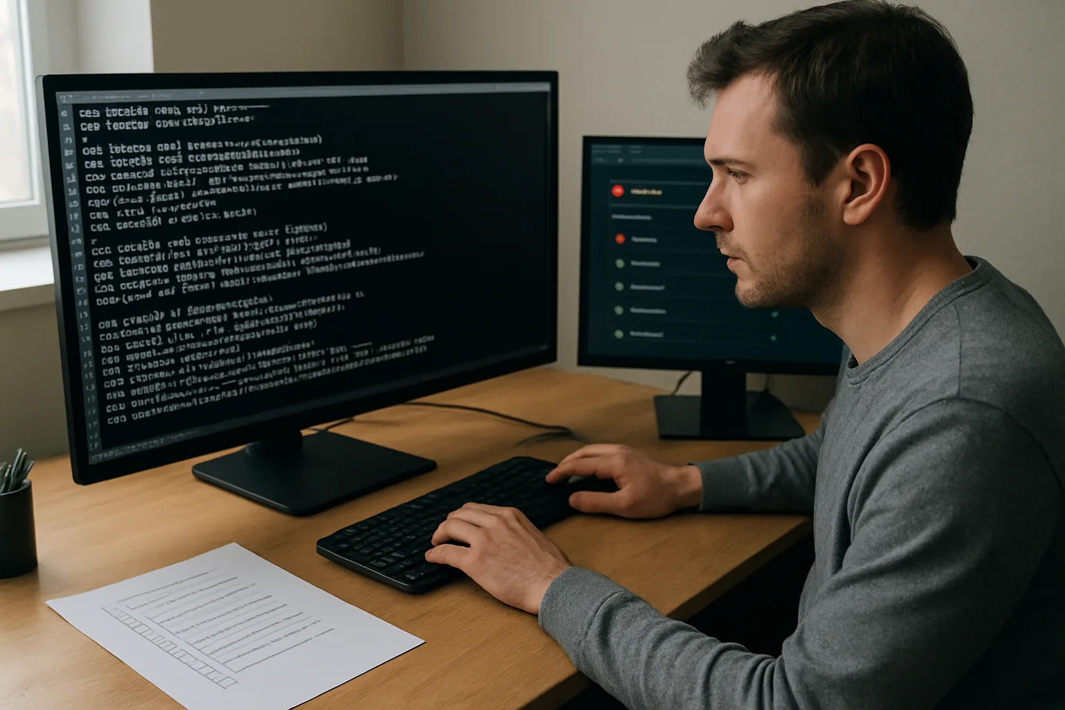 Una persona revisa en una pantalla de terminal un pipeline de Node.js con errores de instalación y publicación de paquetes.