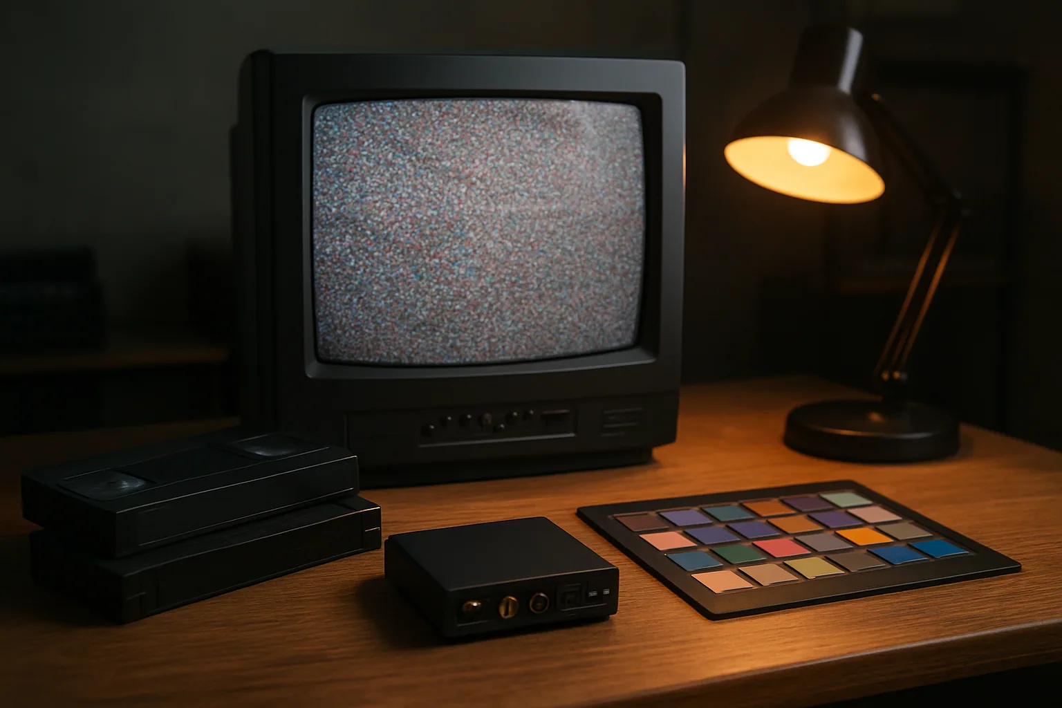 Una mesa de edición con un monitor mostrando una señal de TV con ruido analógico, cintas VHS apiladas y un televisor CRT al fondo.
