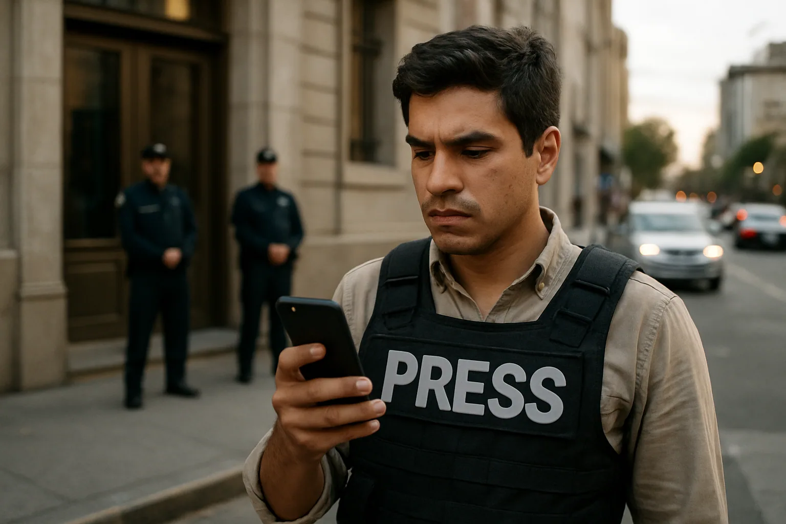 Una persona sostiene un teléfono móvil frente a un edificio gubernamental mientras revisa una red social, ilustrando la presión estatal sobre la expresión online.