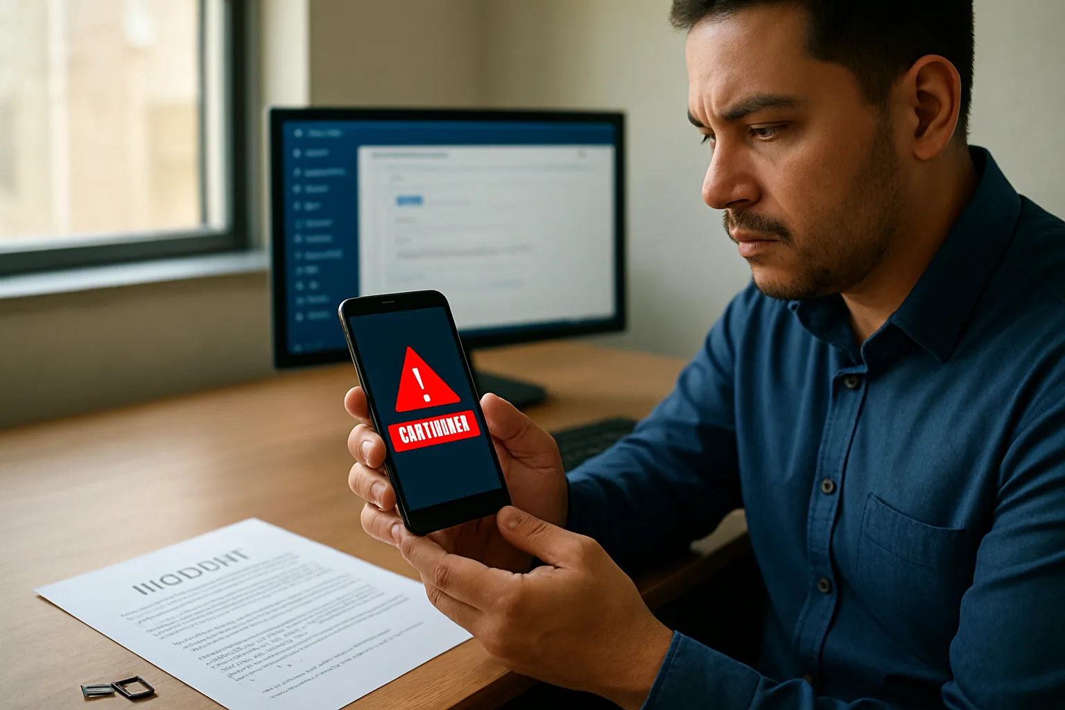 Una persona revisa un teléfono Android con una alerta de seguridad en pantalla mientras sostiene una tarjeta SIM y un portátil al fondo.