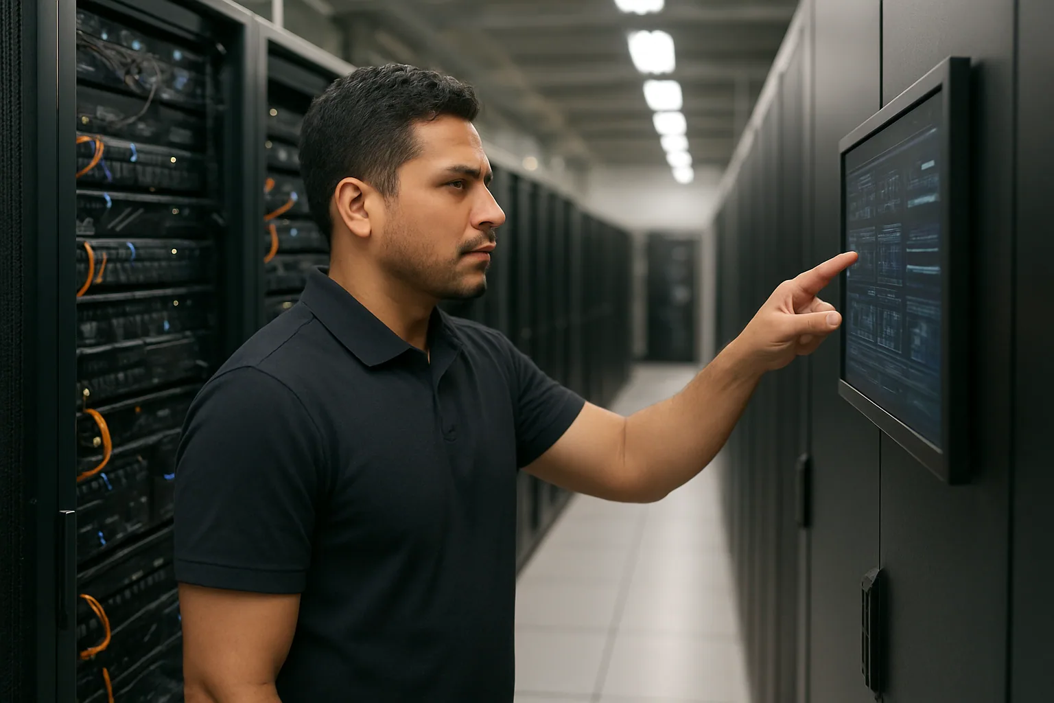 Un centro de datos moderno con racks de servidores y un ingeniero revisando pantallas de monitoreo frente a equipos Nvidia para IA.