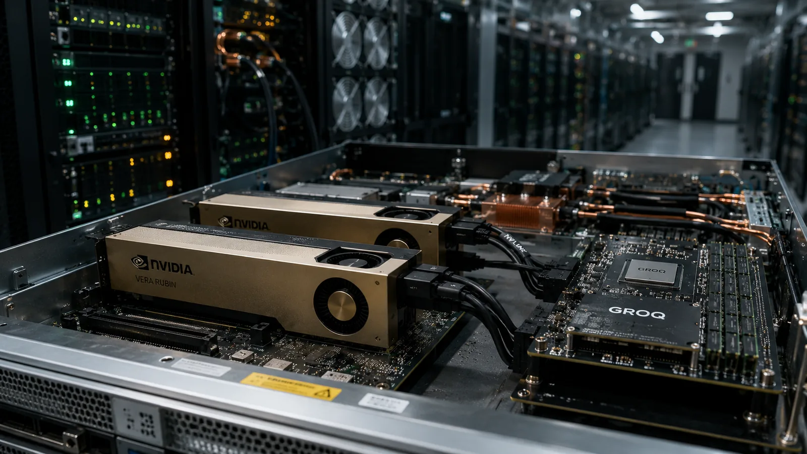Placa madre con GPU NVIDIA Vera Rubin junto a chip LPU de Groq sobre rack de datacenter con luces de estado encendidas