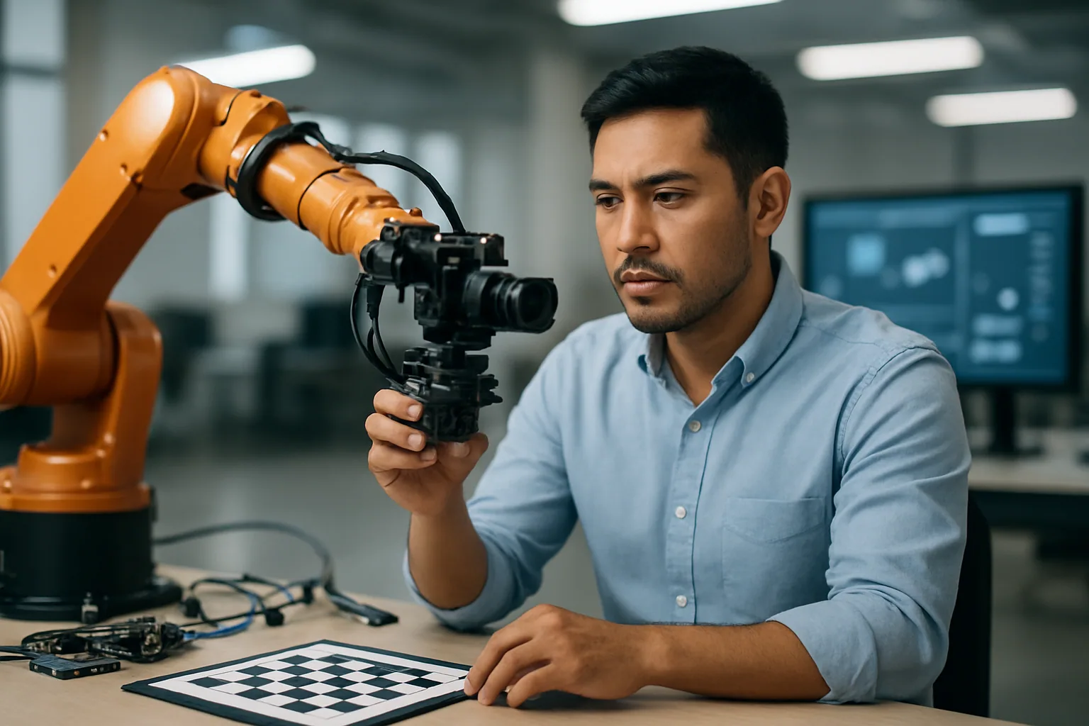 Un ingeniero revisa un brazo robótico industrial frente a una pantalla con métricas de visión artificial en un laboratorio moderno.
