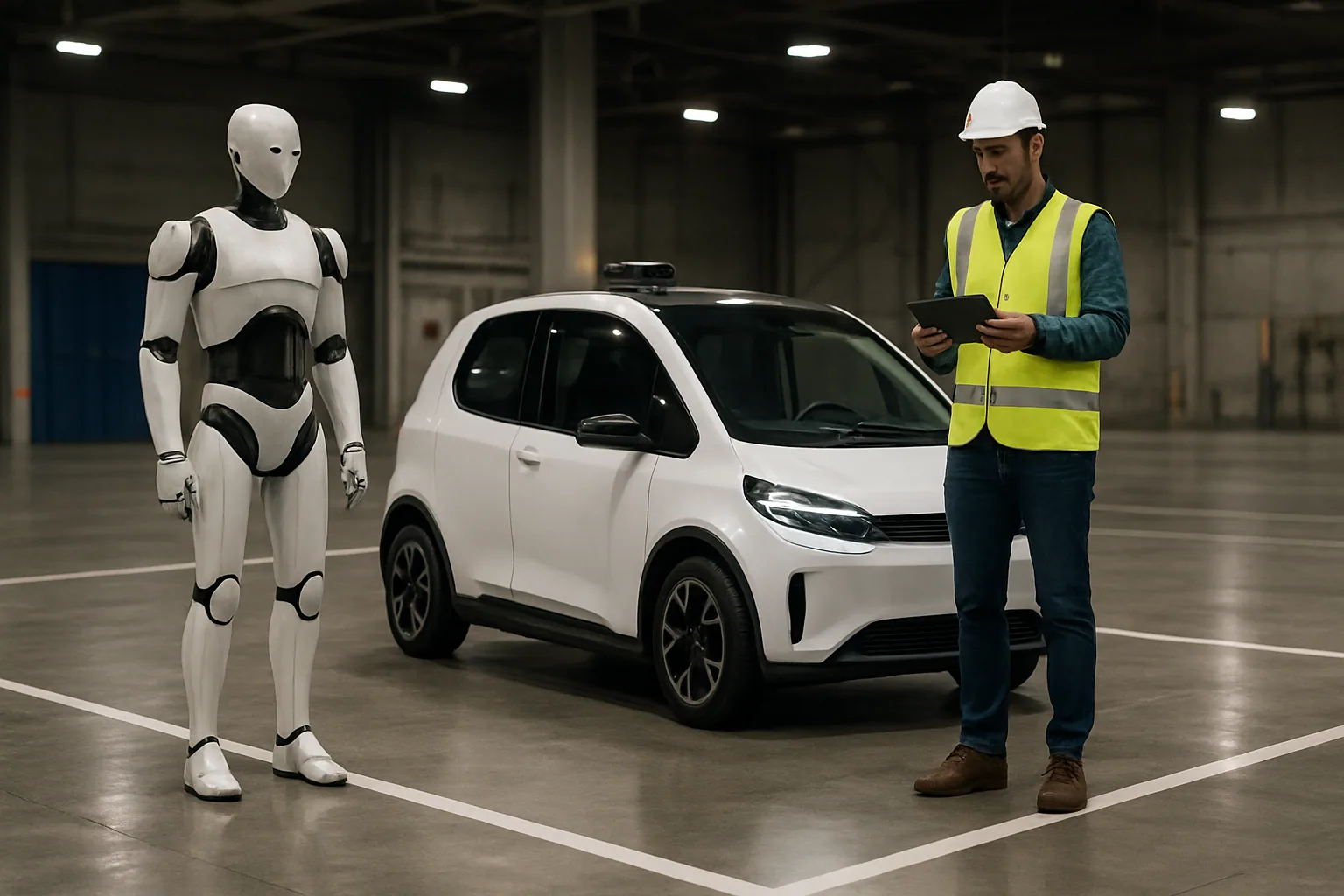 Un ingeniero observa un robot móvil y un vehículo autónomo en una pista de pruebas industrial con pantallas de telemetría al fondo.