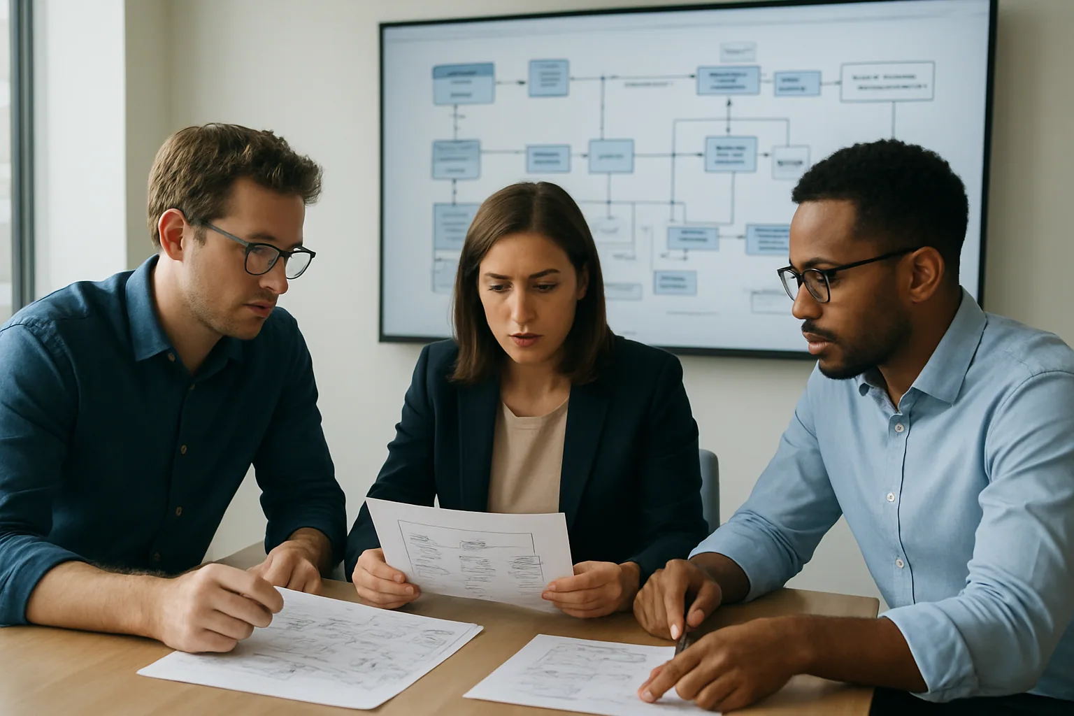 Un equipo de producto revisa flujos de trabajo de IA en una sala de reuniones con pantallas mostrando diagramas de agentes y controles de seguridad.