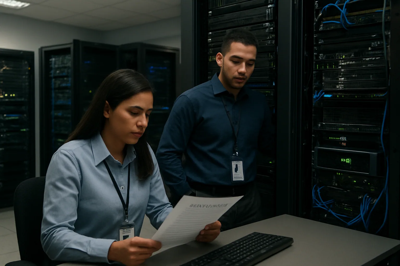 Un equipo de TI revisa paneles de control en una sala corporativa con servidores al fondo y un ingeniero señalando métricas de seguridad en una pantalla.