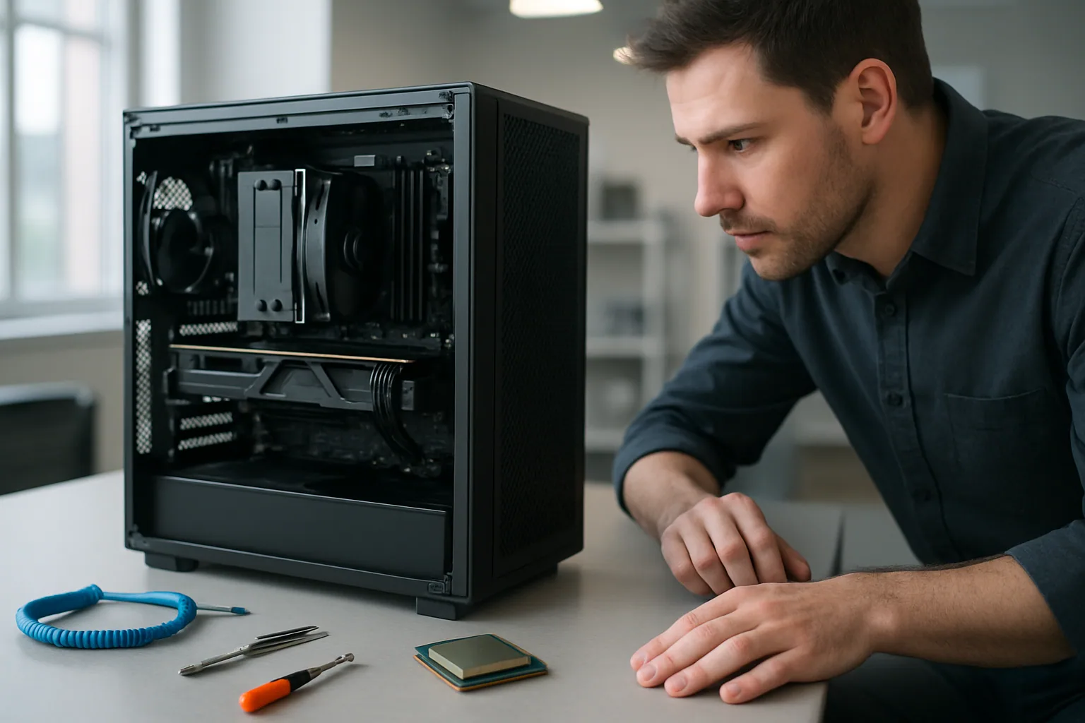 Un escritorio de trabajo con una torre de PC premium abierta, una tarjeta gráfica de alta gama y un procesador sobre una mesa de metal junto a herramientas de ensamblaje.