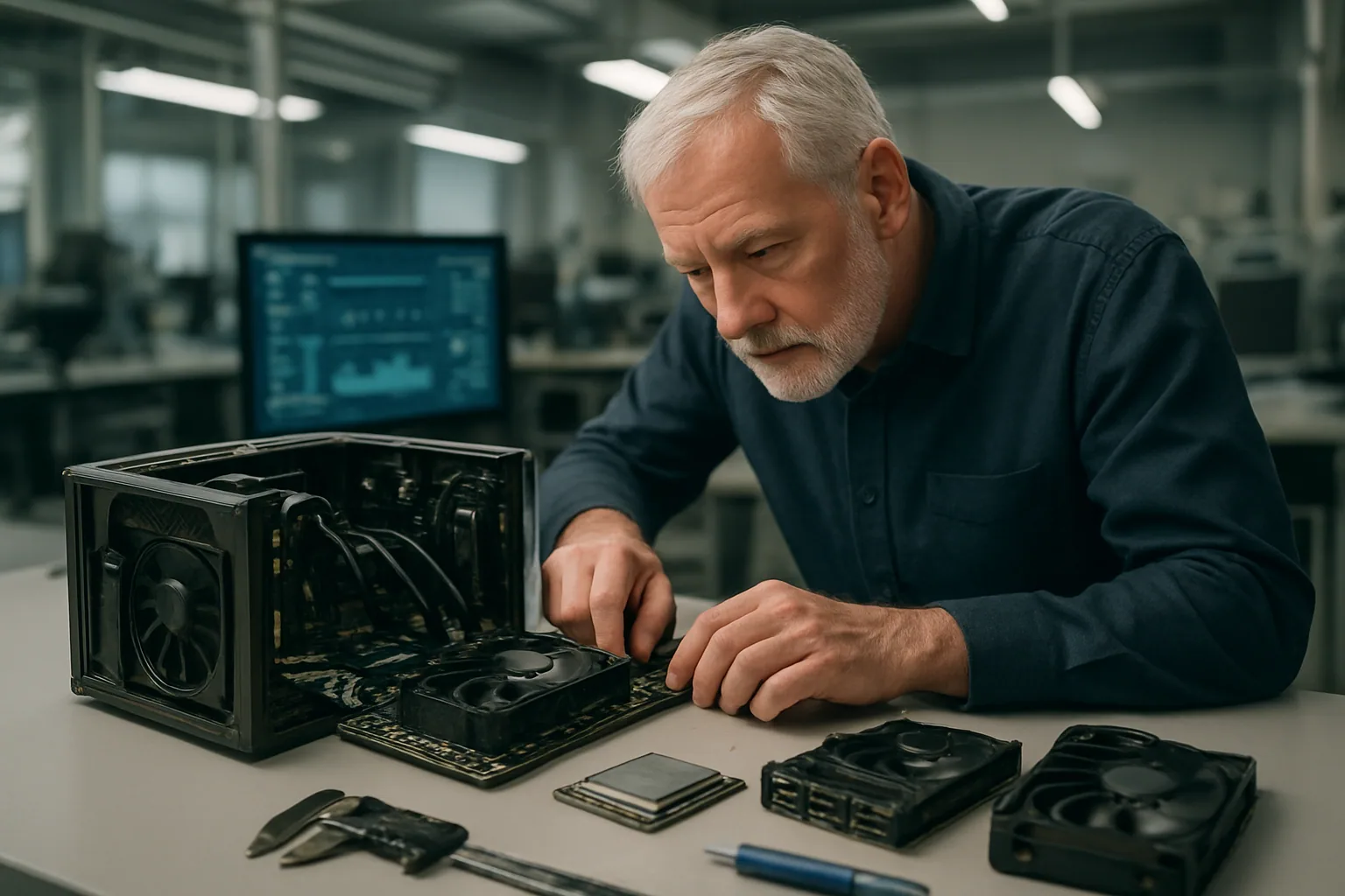 Un ingeniero revisa un prototipo de placa madre con módulos de CPU, GPU y aceleración de IA en un laboratorio de hardware.