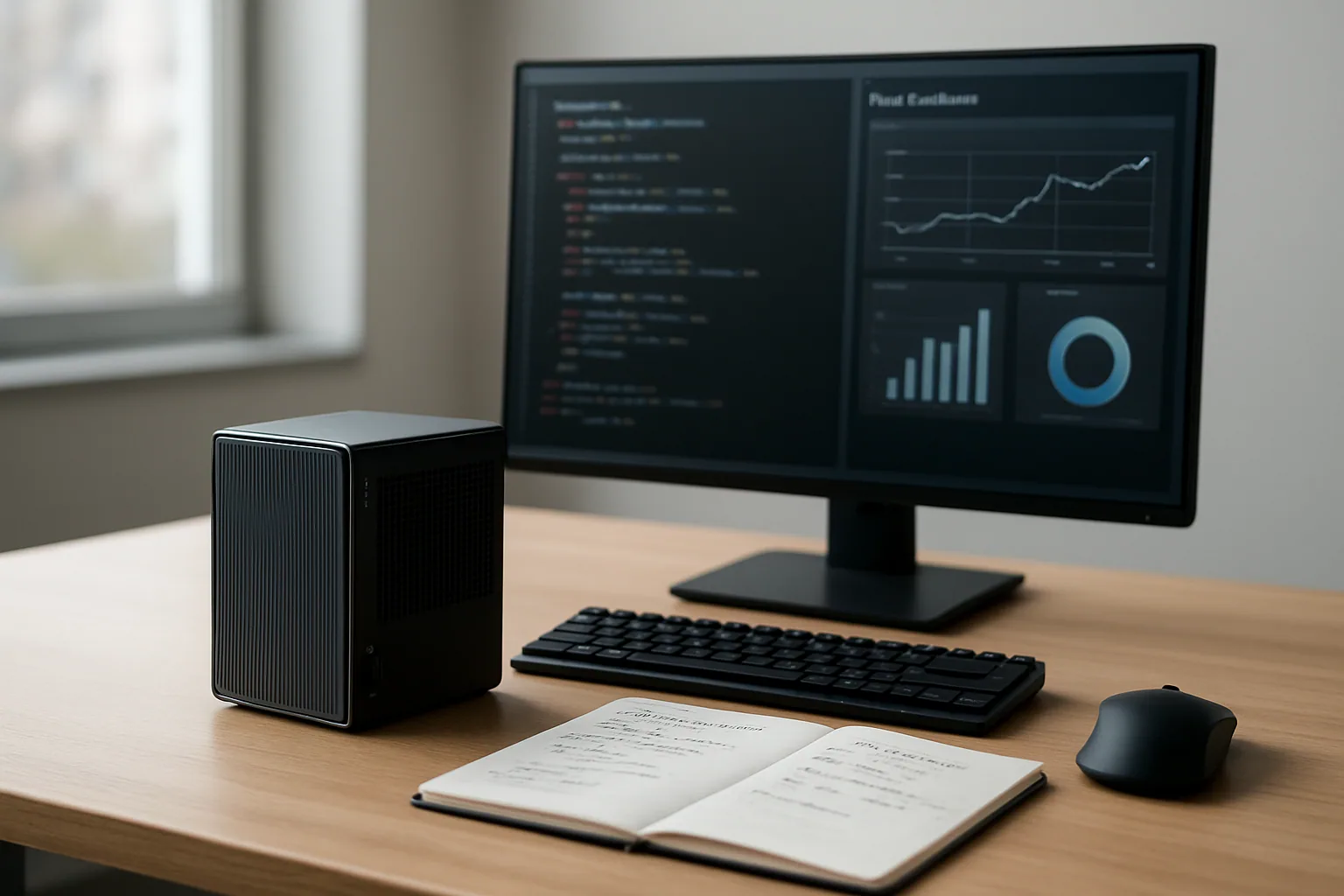 Un escritorio de trabajo con un equipo compacto NVIDIA RTX Spark junto a un monitor mostrando un entorno de desarrollo de IA y accesorios de oficina.