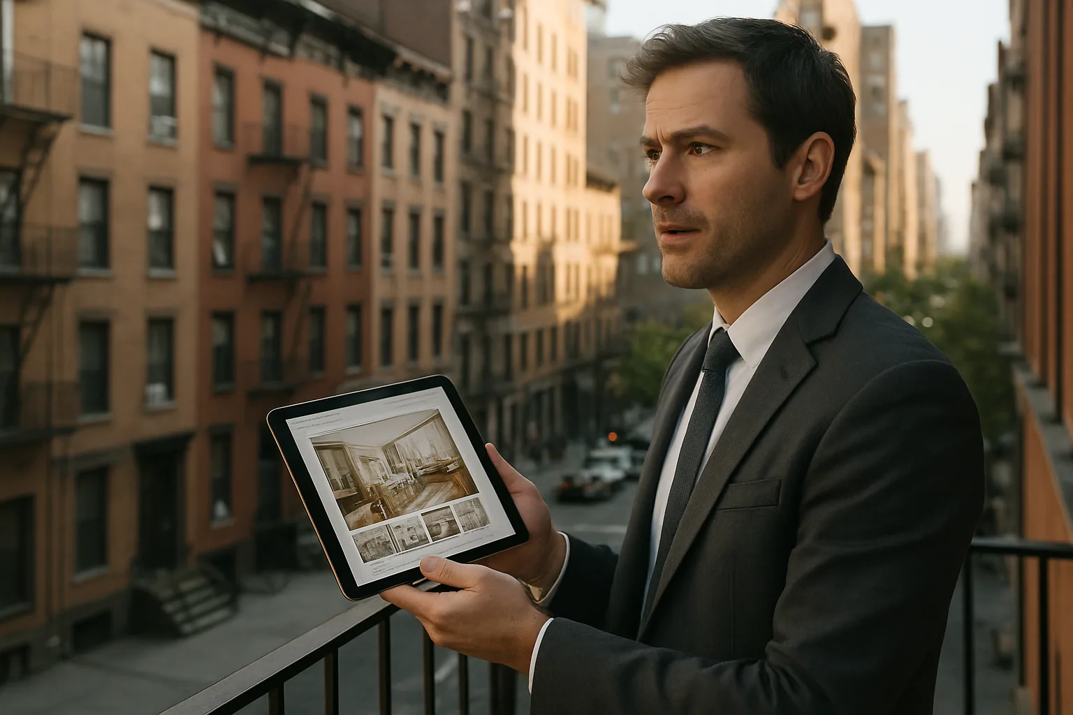 Una agente inmobiliaria revisa en una tableta fotos de un departamento mientras al fondo se ve un edificio residencial en Nueva York.