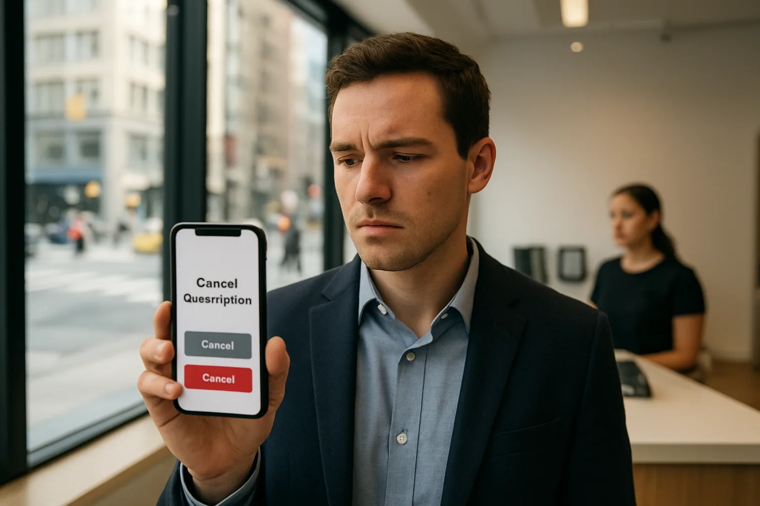 Una persona revisa en su celular una pantalla de cancelación de suscripción frente a un mostrador de atención al cliente en una tienda de Nueva York.
