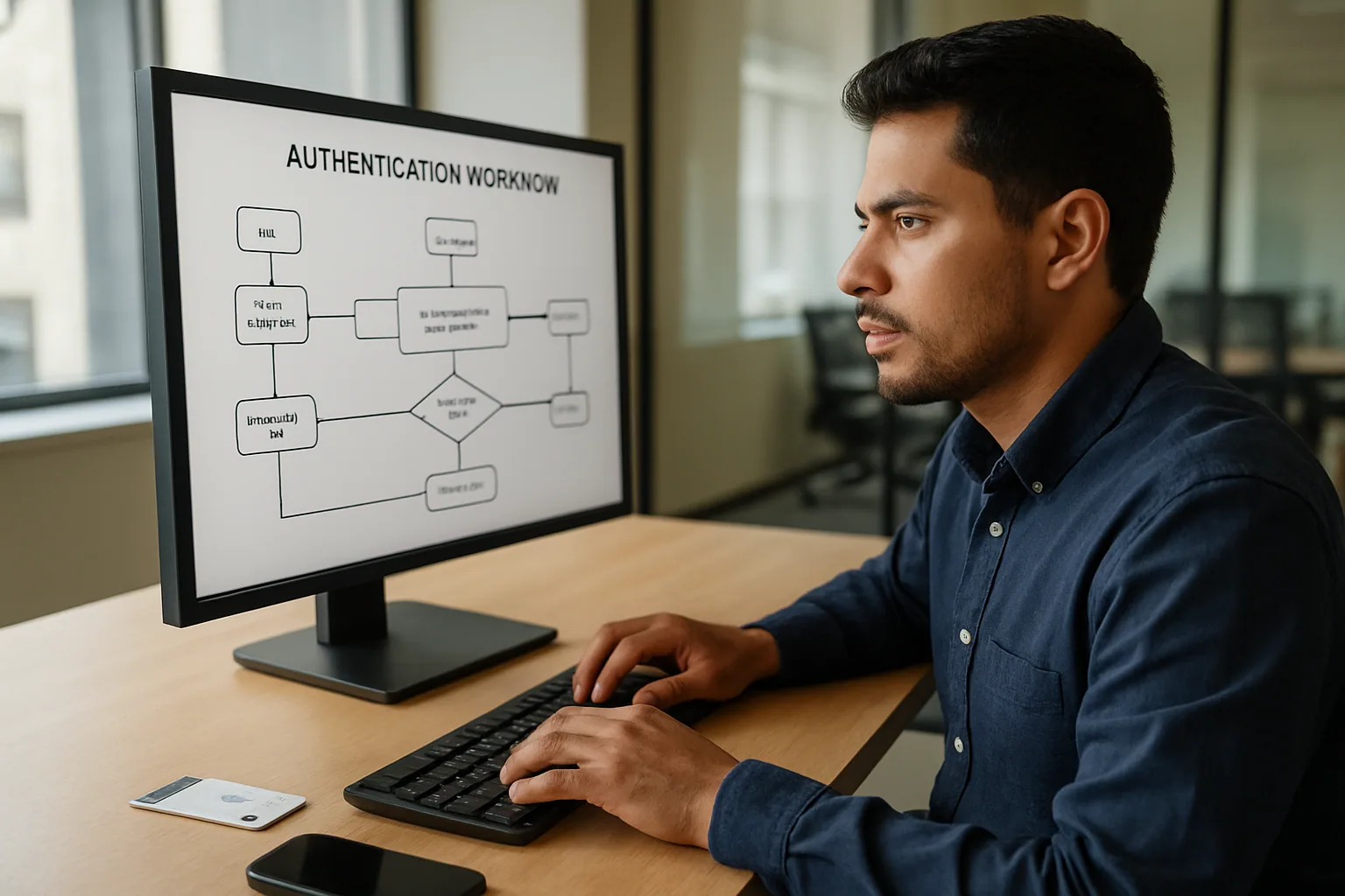 Una persona de TI revisa en un monitor un flujo de autenticación corporativa mientras al lado hay una tarjeta de acceso y un teléfono con una app de aprobación.