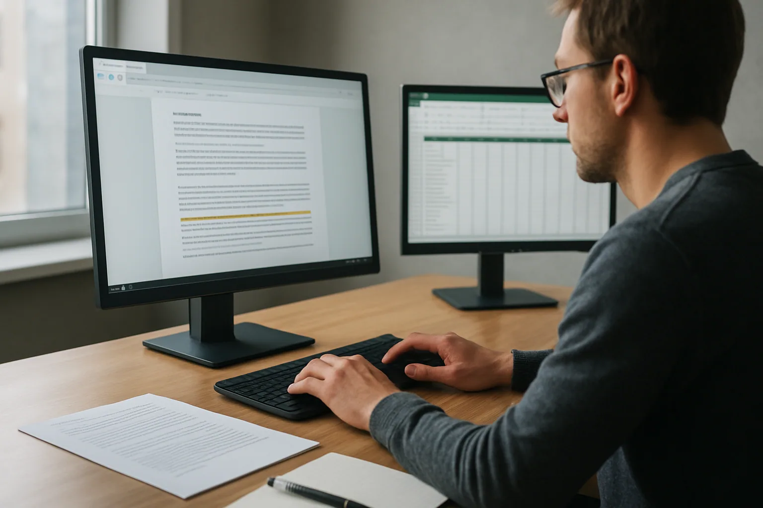 Una persona revisa en un monitor de escritorio un documento de Office renderizado en el navegador, con una hoja de cálculo y una presentación abiertas en pantallas separadas.
